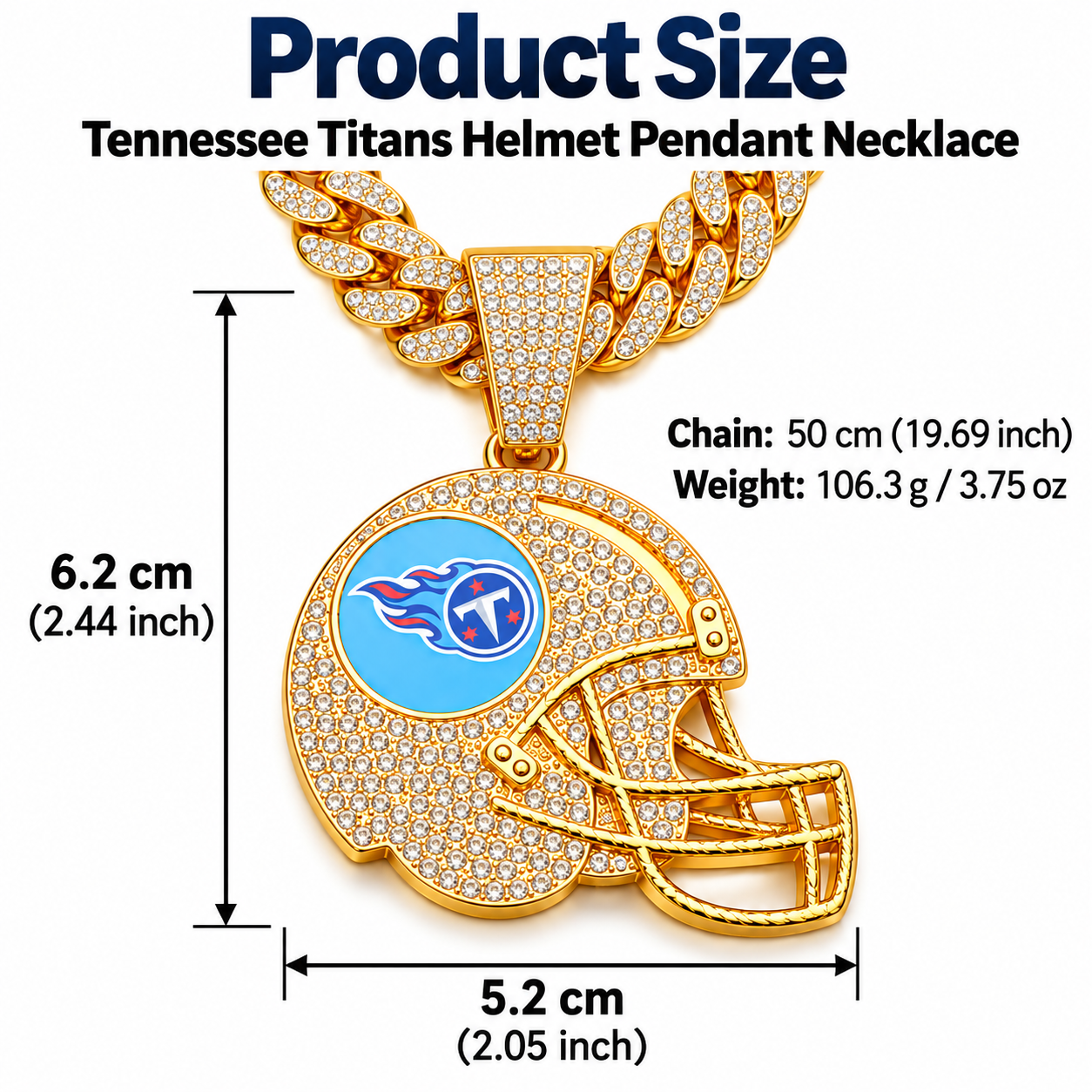 Tennessee Titans Necklace, Gold Iced Cuban Link Chain with Rhinestone Football Helmet Pendant, Titans Fan Jewelry
