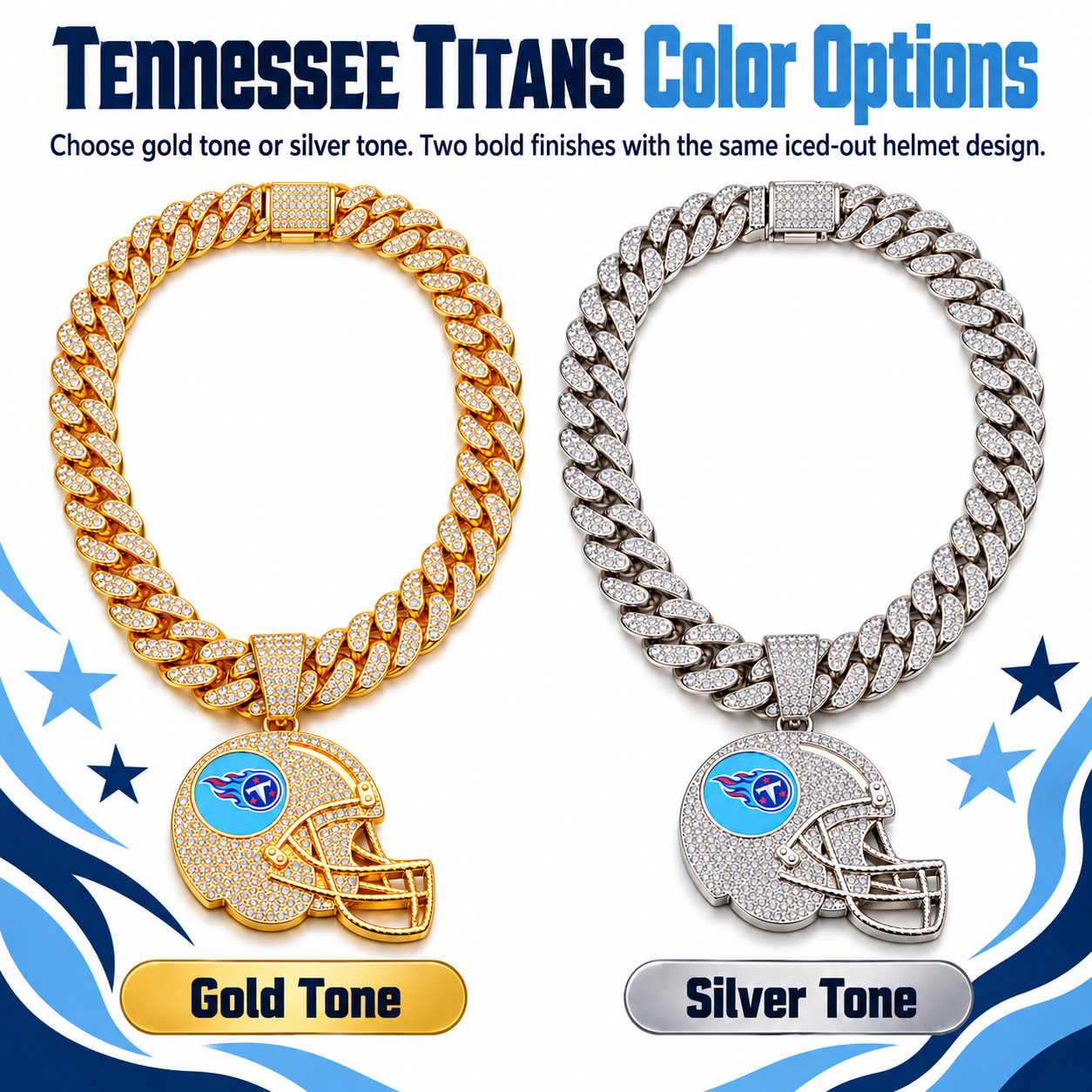Tennessee Titans Necklace, Gold Iced Cuban Link Chain with Rhinestone Football Helmet Pendant, Titans Fan Jewelry