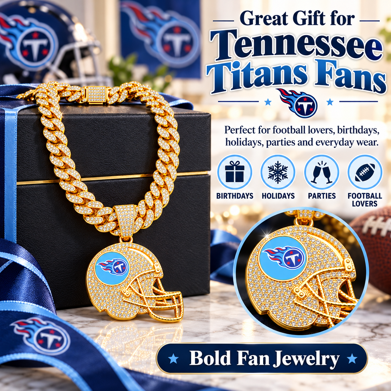Tennessee Titans Necklace, Gold Iced Cuban Link Chain with Rhinestone Football Helmet Pendant, Titans Fan Jewelry