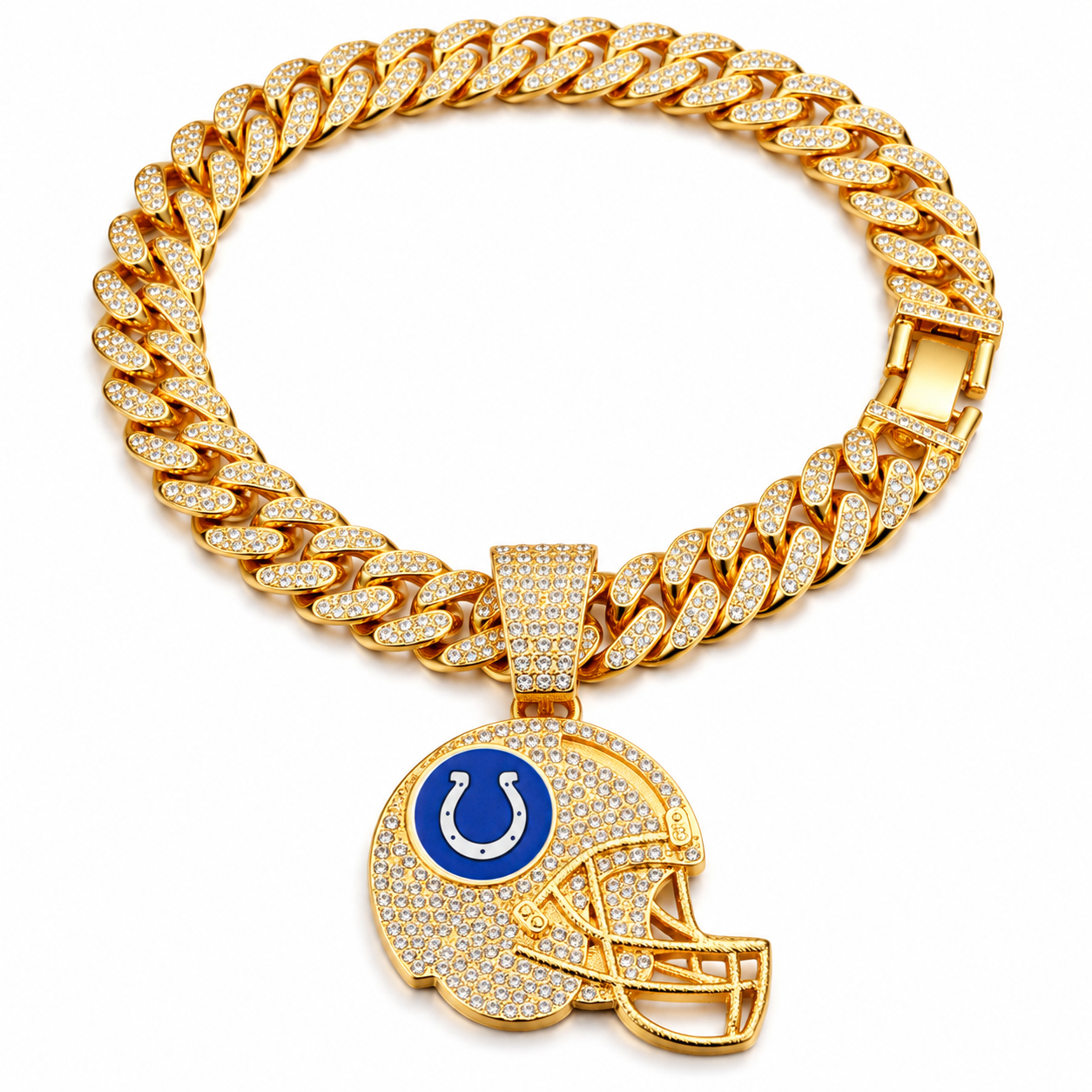 Indianapolis Colts Necklace, Gold Iced Cuban Link Chain with Rhinestone Football Helmet Pendant, Colts Fan Jewelry