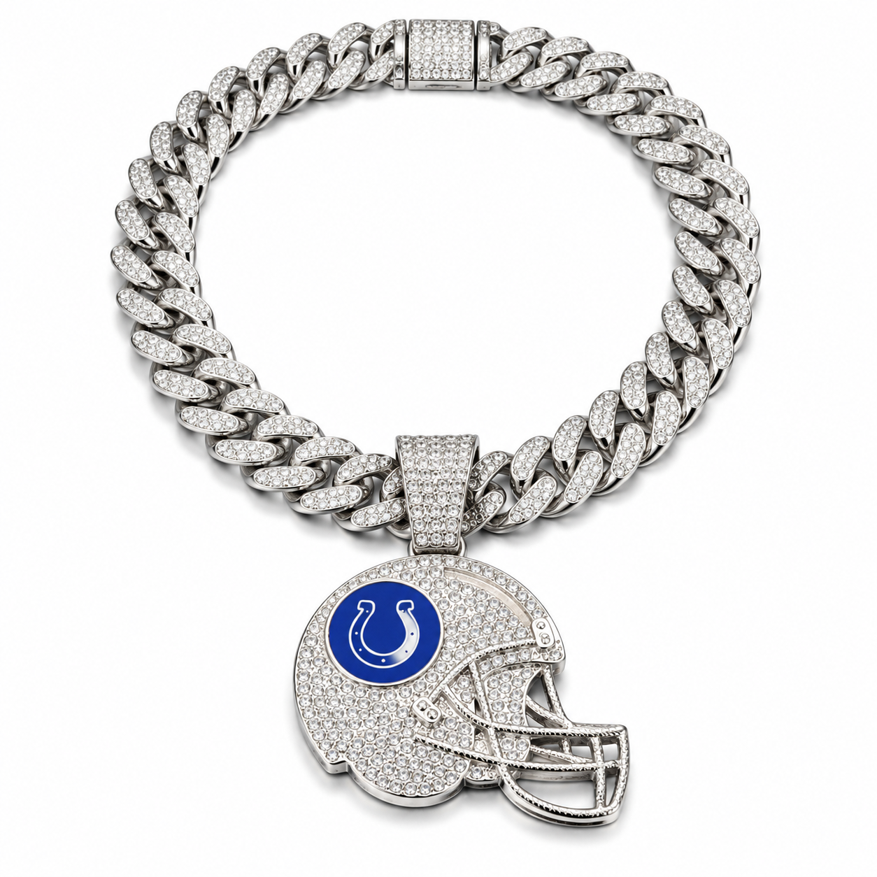 Indianapolis Colts Necklace, Gold Iced Cuban Link Chain with Rhinestone Football Helmet Pendant, Colts Fan Jewelry