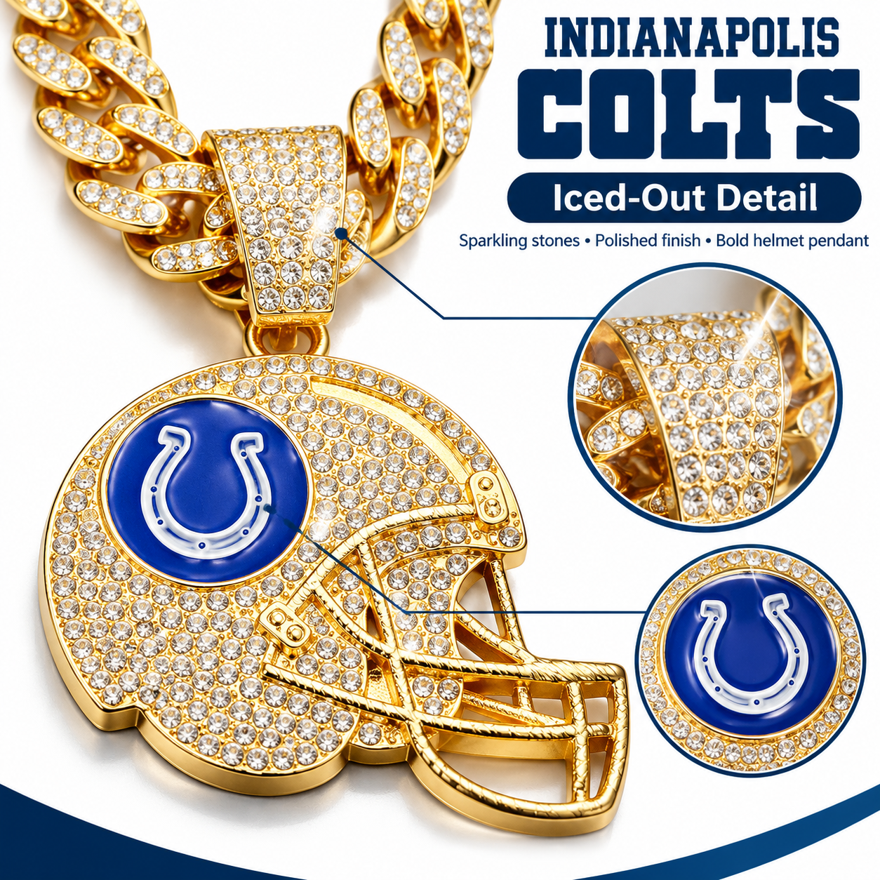 Indianapolis Colts Necklace, Gold Iced Cuban Link Chain with Rhinestone Football Helmet Pendant, Colts Fan Jewelry