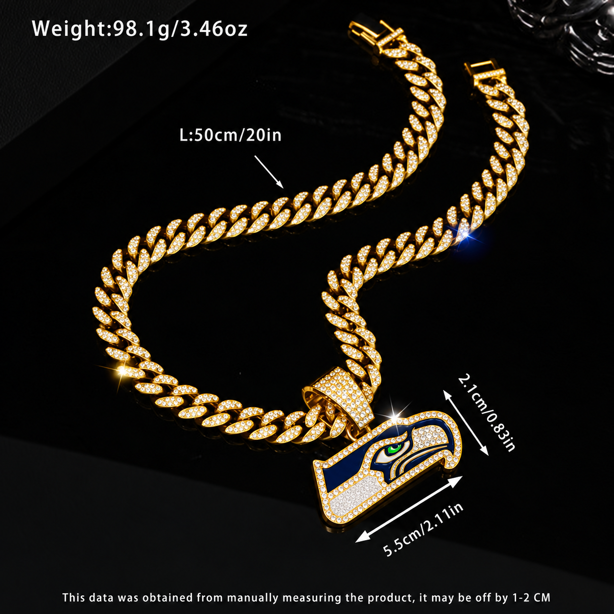 Seattle Seahawks Necklace, Gold Iced Cuban Link Chain with Rhinestone Hawk Pendant, Football Fan Jewelry