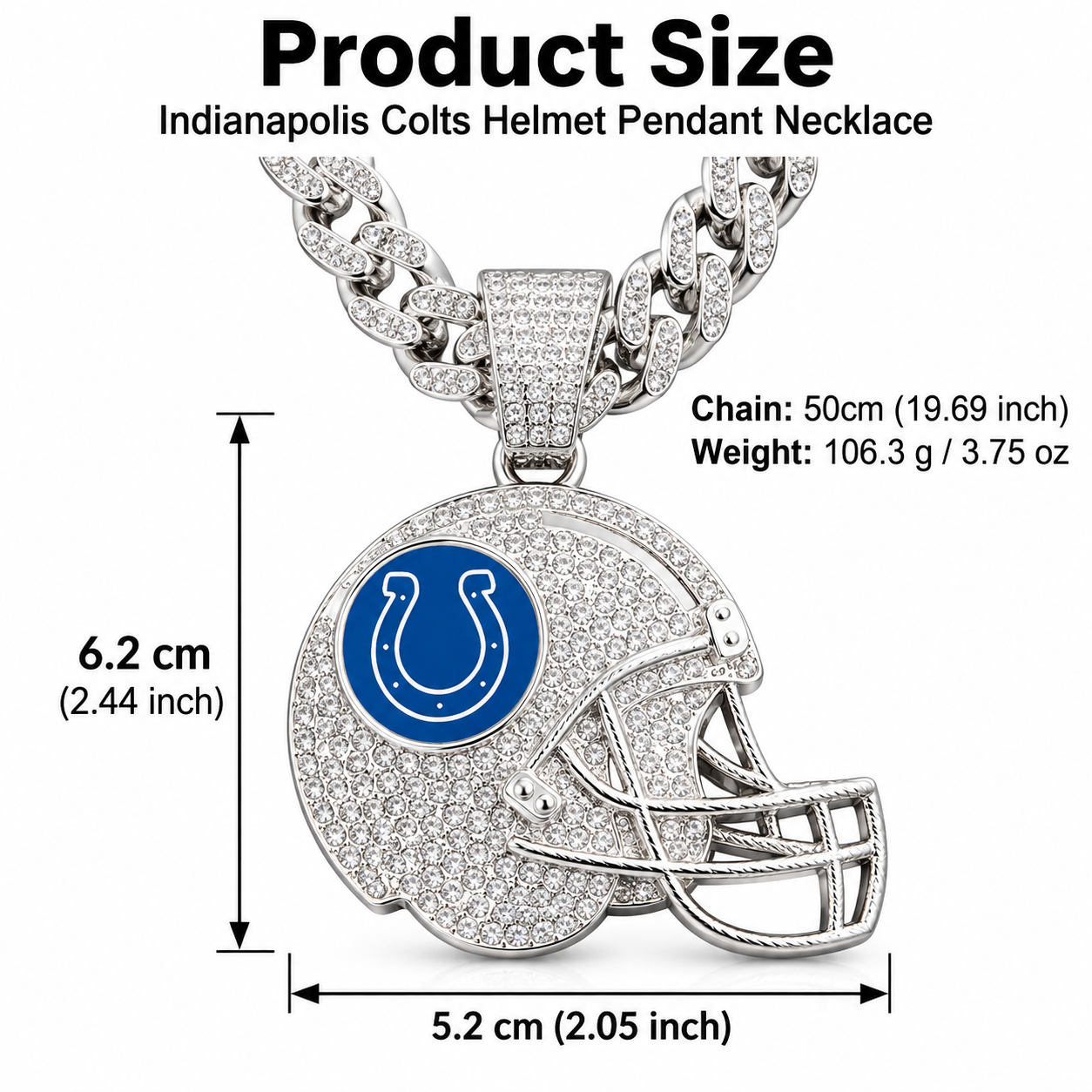 Indianapolis Colts Necklace, Gold Iced Cuban Link Chain with Rhinestone Football Helmet Pendant, Colts Fan Jewelry