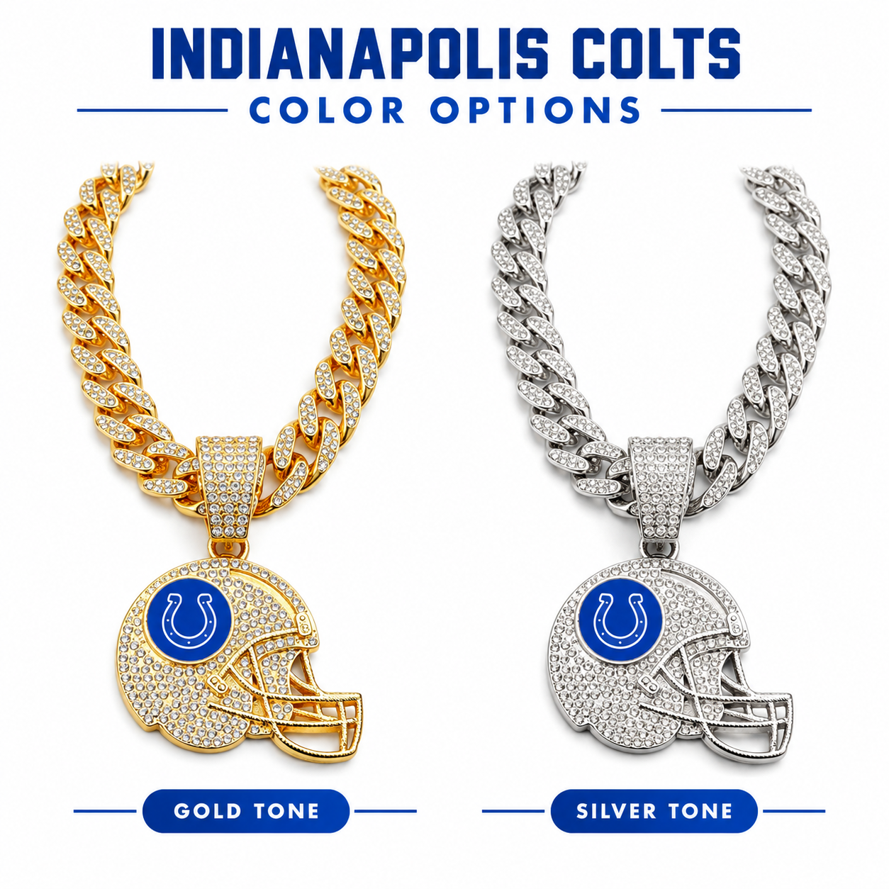 Indianapolis Colts Necklace, Gold Iced Cuban Link Chain with Rhinestone Football Helmet Pendant, Colts Fan Jewelry
