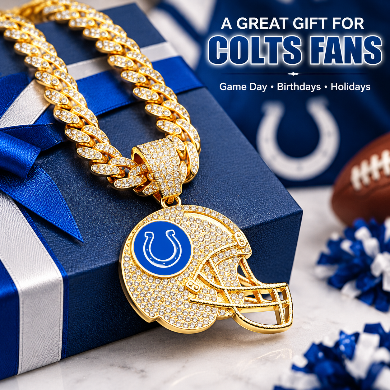 Indianapolis Colts Necklace, Gold Iced Cuban Link Chain with Rhinestone Football Helmet Pendant, Colts Fan Jewelry