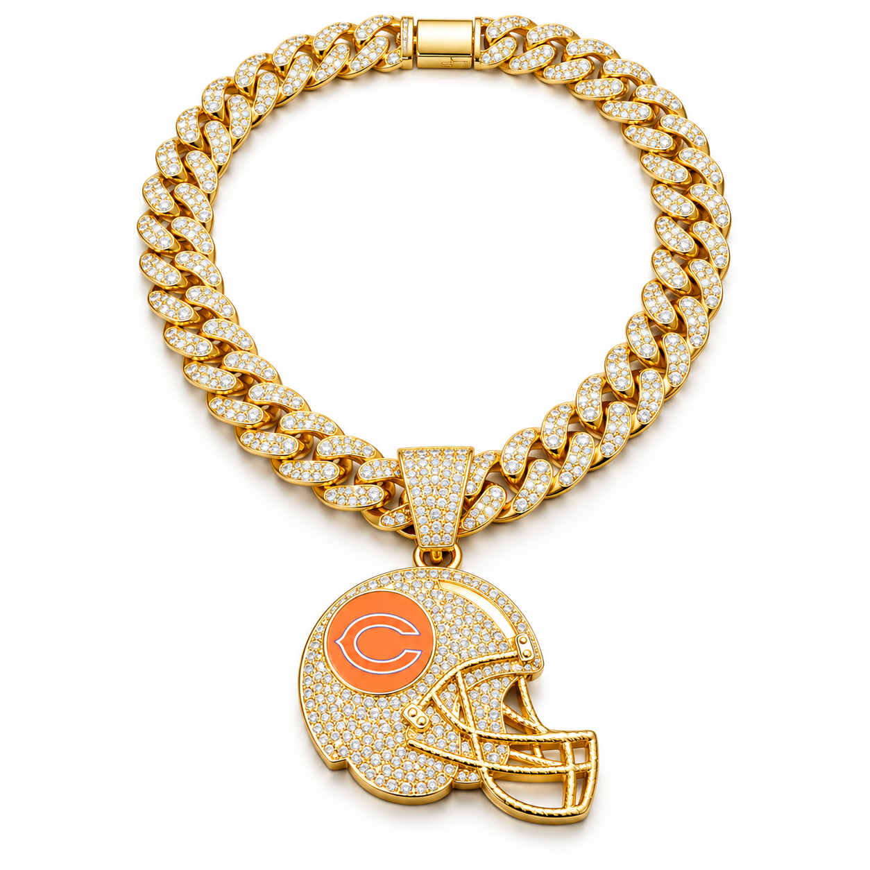 Chicago Bears Necklace, Gold Iced Cuban Link Chain with Rhinestone Football Helmet Pendant, Bears Fan Jewelry