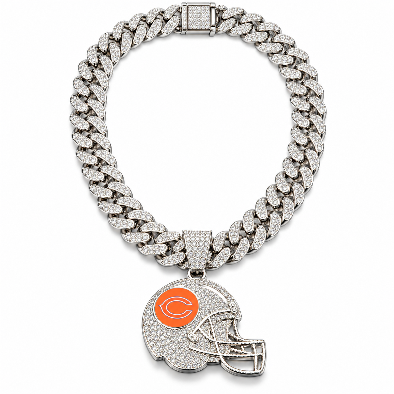 Chicago Bears Necklace, Gold Iced Cuban Link Chain with Rhinestone Football Helmet Pendant, Bears Fan Jewelry