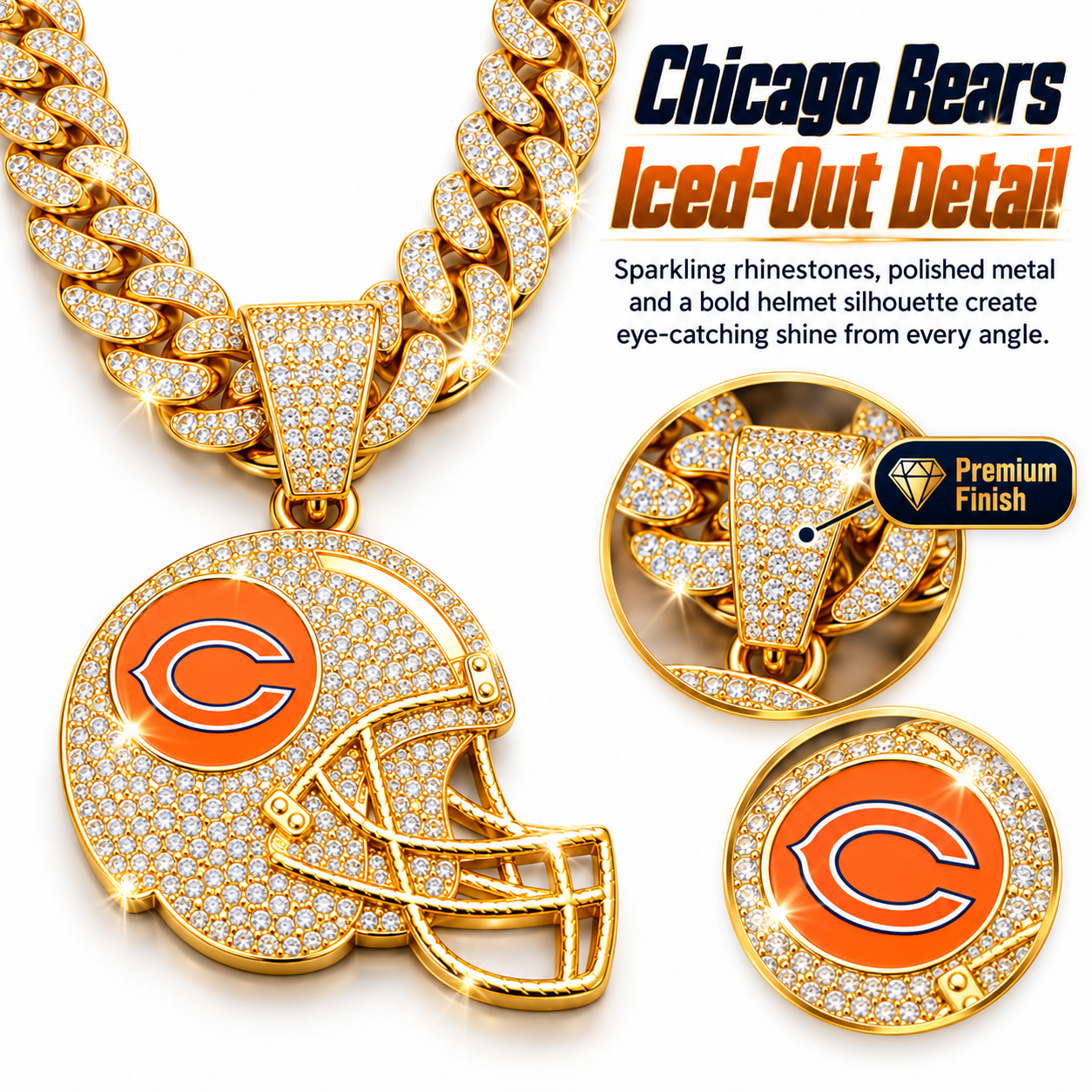 Chicago Bears Necklace, Gold Iced Cuban Link Chain with Rhinestone Football Helmet Pendant, Bears Fan Jewelry