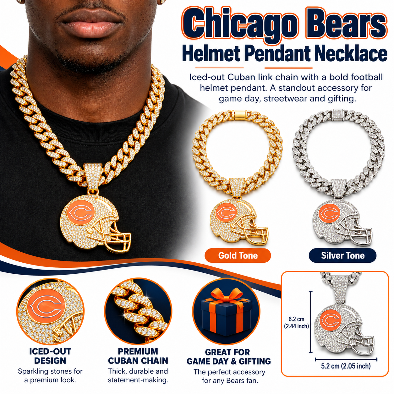 Chicago Bears Necklace, Gold Iced Cuban Link Chain with Rhinestone Football Helmet Pendant, Bears Fan Jewelry