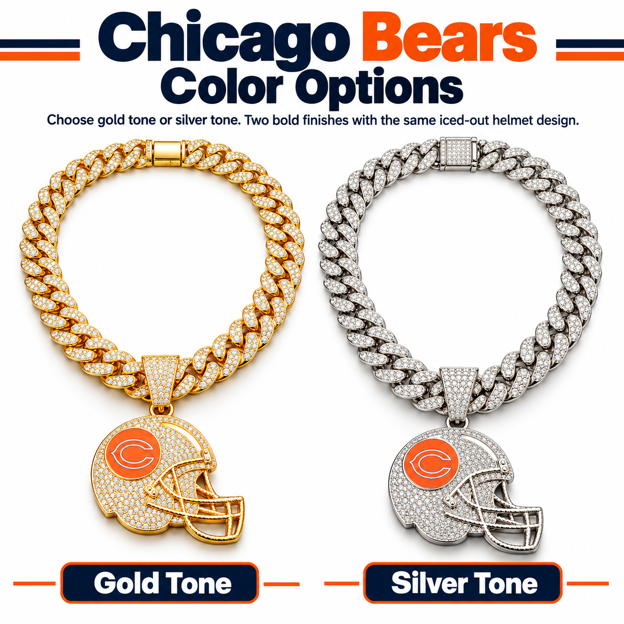 Chicago Bears Necklace, Gold Iced Cuban Link Chain with Rhinestone Football Helmet Pendant, Bears Fan Jewelry