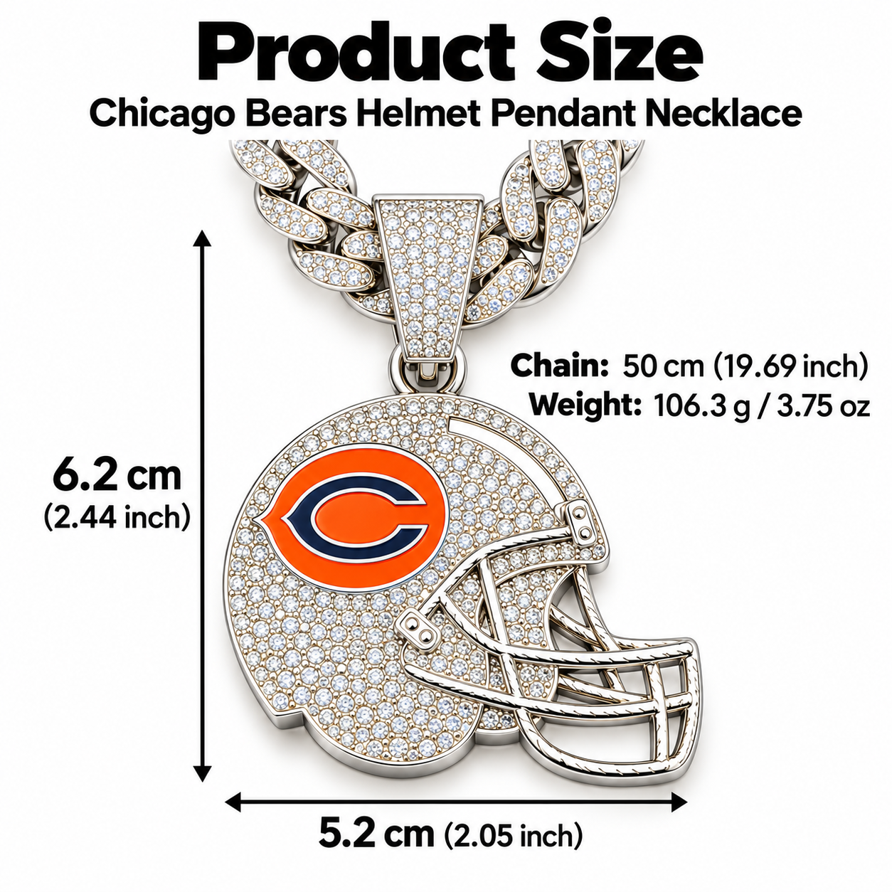 Chicago Bears Necklace, Gold Iced Cuban Link Chain with Rhinestone Football Helmet Pendant, Bears Fan Jewelry