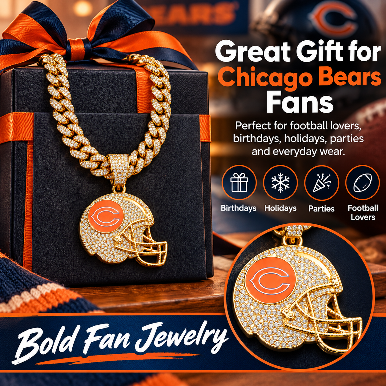 Chicago Bears Necklace, Gold Iced Cuban Link Chain with Rhinestone Football Helmet Pendant, Bears Fan Jewelry