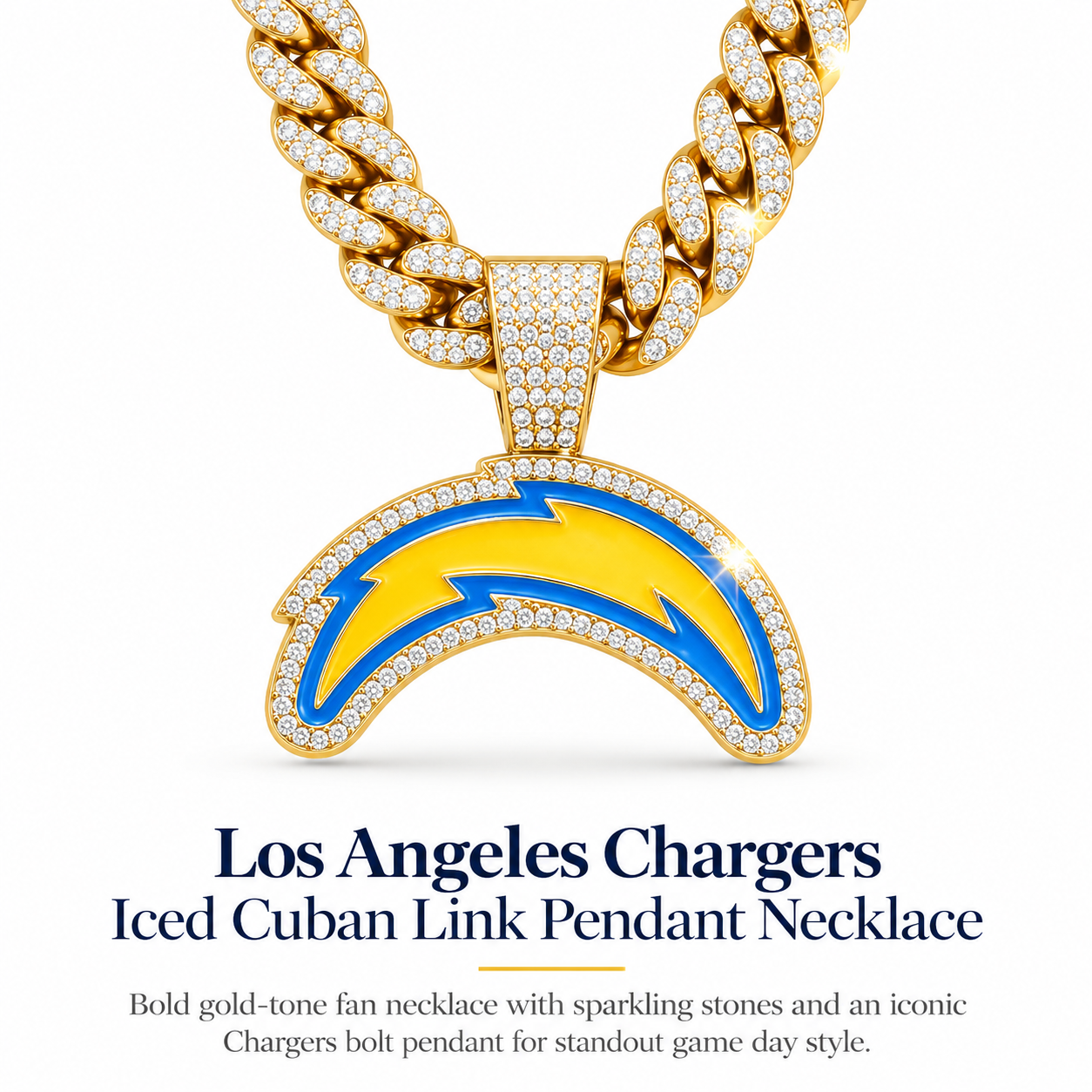 Los Angeles Chargers Necklace, Gold Iced Cuban Link Chain with Rhinestone Lightning Bolt Pendant, Football Fan Jewelry