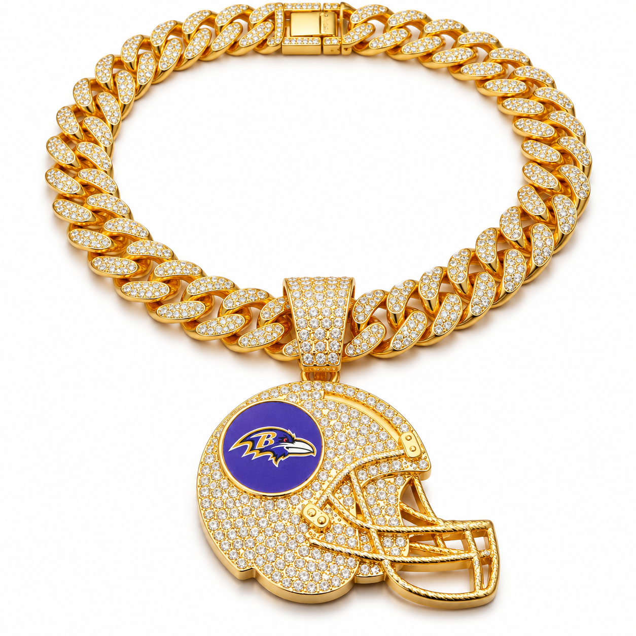 Baltimore Ravens Necklace, Gold Iced Cuban Link Chain with Rhinestone Football Helmet Pendant, Ravens Fan Jewelry