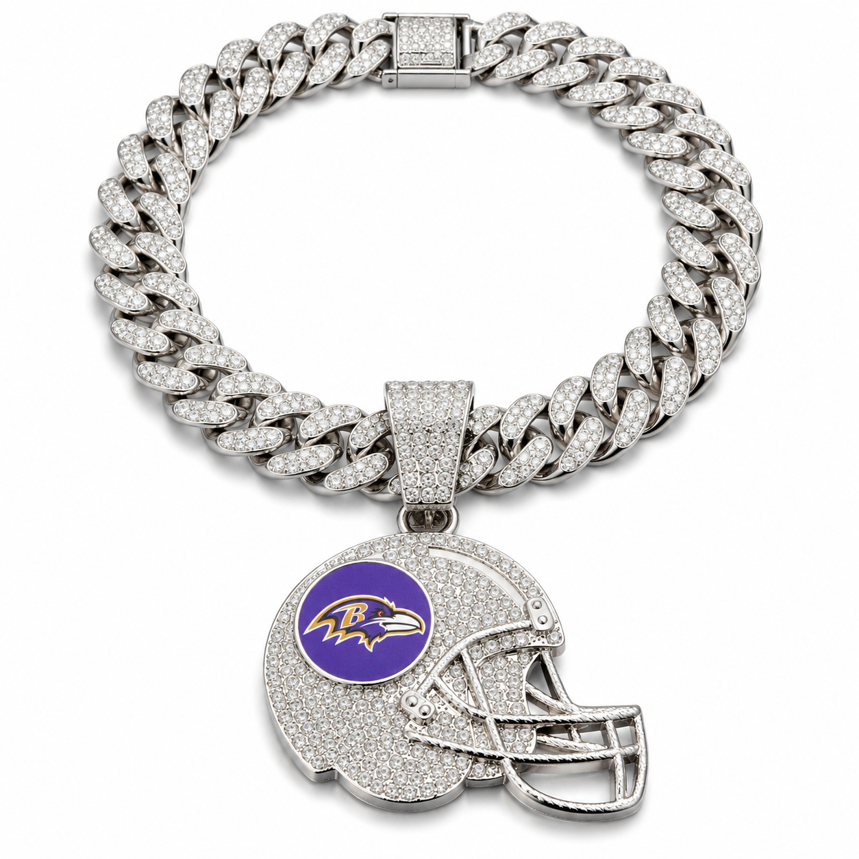 Baltimore Ravens Necklace, Gold Iced Cuban Link Chain with Rhinestone Football Helmet Pendant, Ravens Fan Jewelry