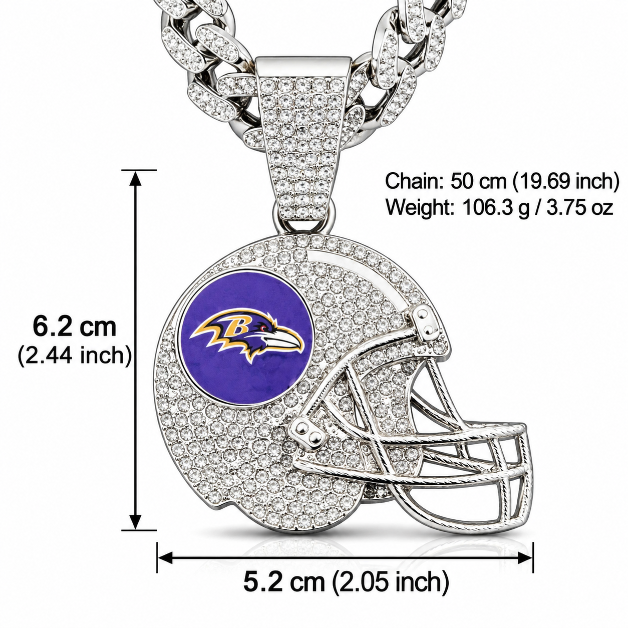 Baltimore Ravens Necklace, Gold Iced Cuban Link Chain with Rhinestone Football Helmet Pendant, Ravens Fan Jewelry