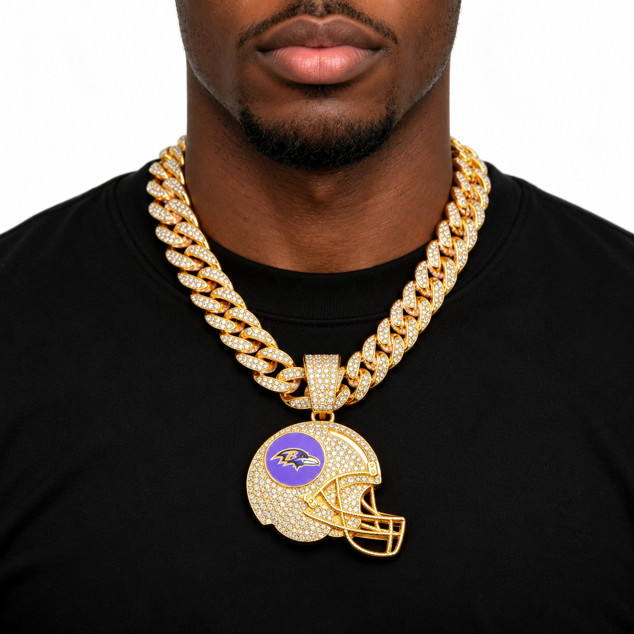 Baltimore Ravens Necklace, Gold Iced Cuban Link Chain with Rhinestone Football Helmet Pendant, Ravens Fan Jewelry