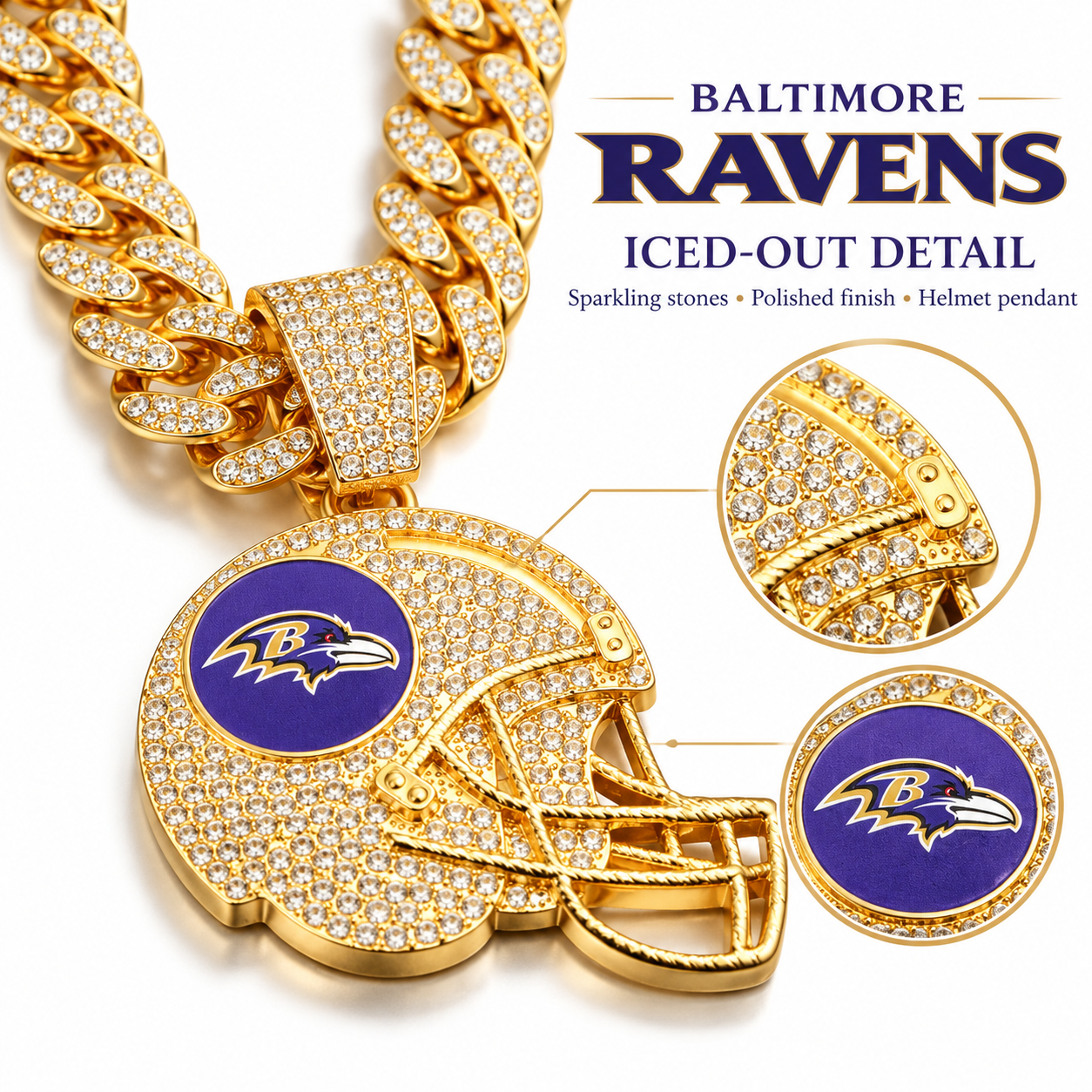 Baltimore Ravens Necklace, Gold Iced Cuban Link Chain with Rhinestone Football Helmet Pendant, Ravens Fan Jewelry