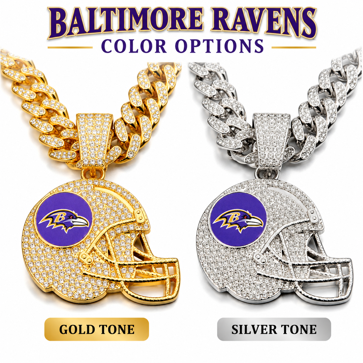 Baltimore Ravens Necklace, Gold Iced Cuban Link Chain with Rhinestone Football Helmet Pendant, Ravens Fan Jewelry
