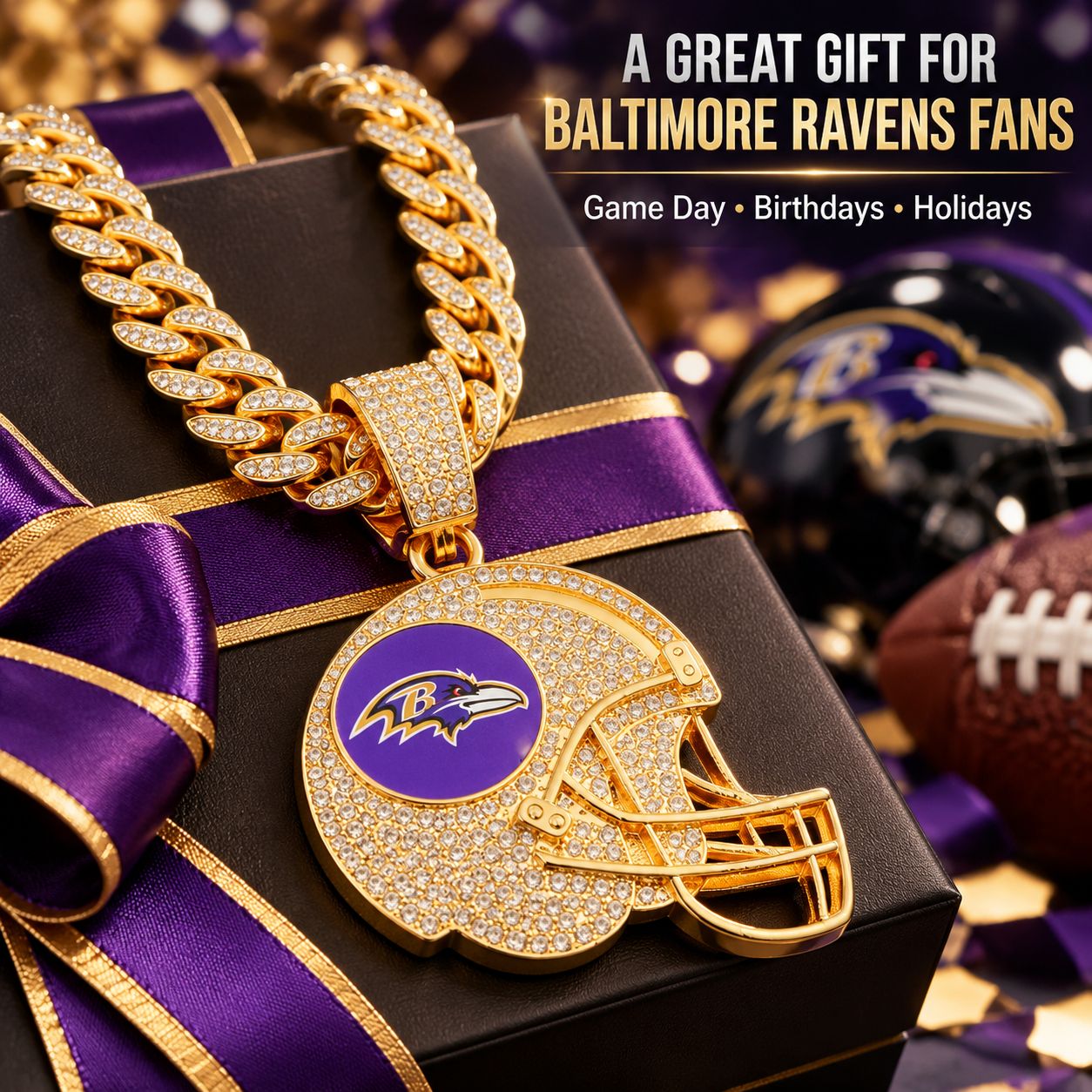 Baltimore Ravens Necklace, Gold Iced Cuban Link Chain with Rhinestone Football Helmet Pendant, Ravens Fan Jewelry
