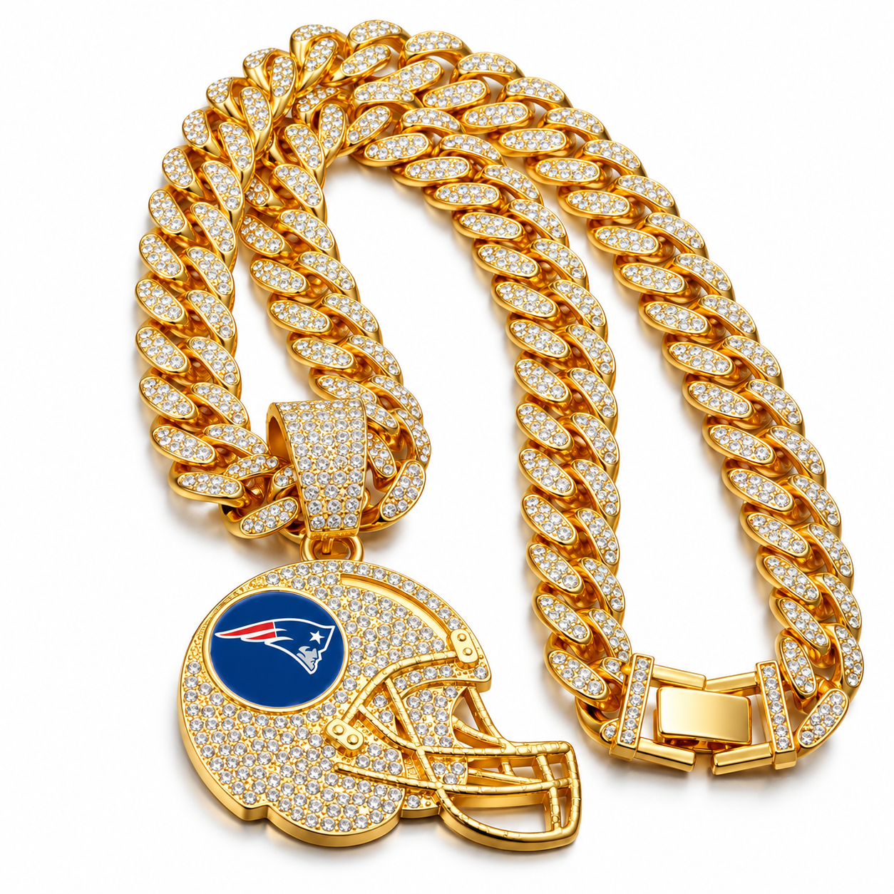 New England Patriots Necklace, Gold Iced Cuban Link Chain with Rhinestone Football Helmet Pendant, Patriots Fan Jewelry