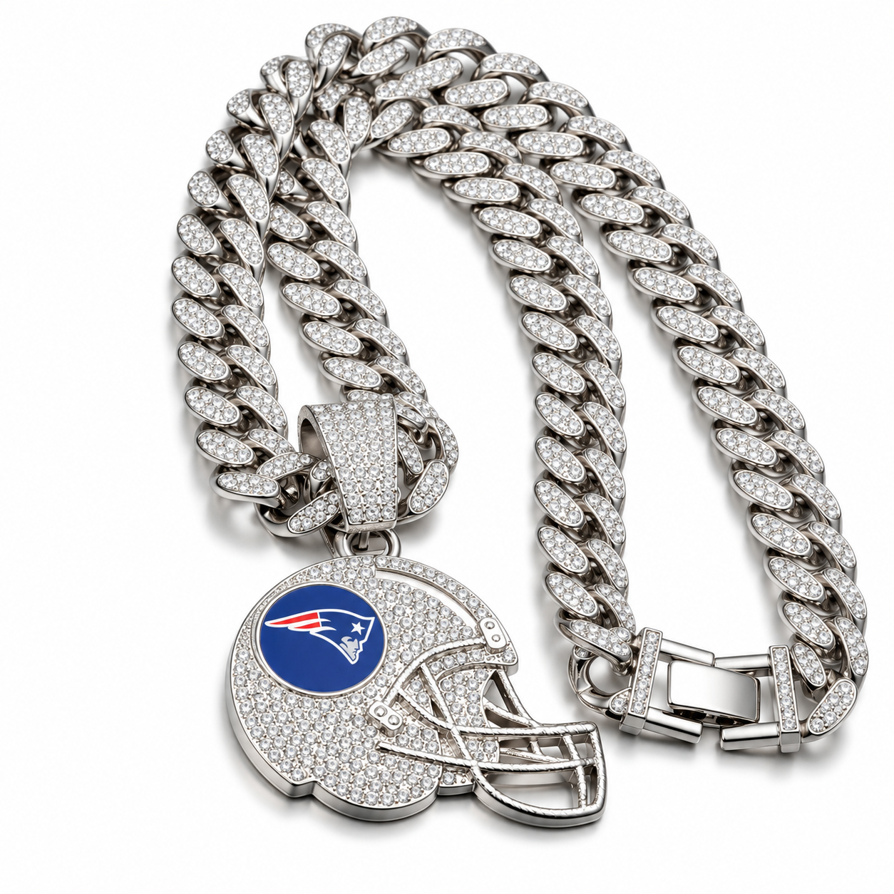 New England Patriots Necklace, Gold Iced Cuban Link Chain with Rhinestone Football Helmet Pendant, Patriots Fan Jewelry
