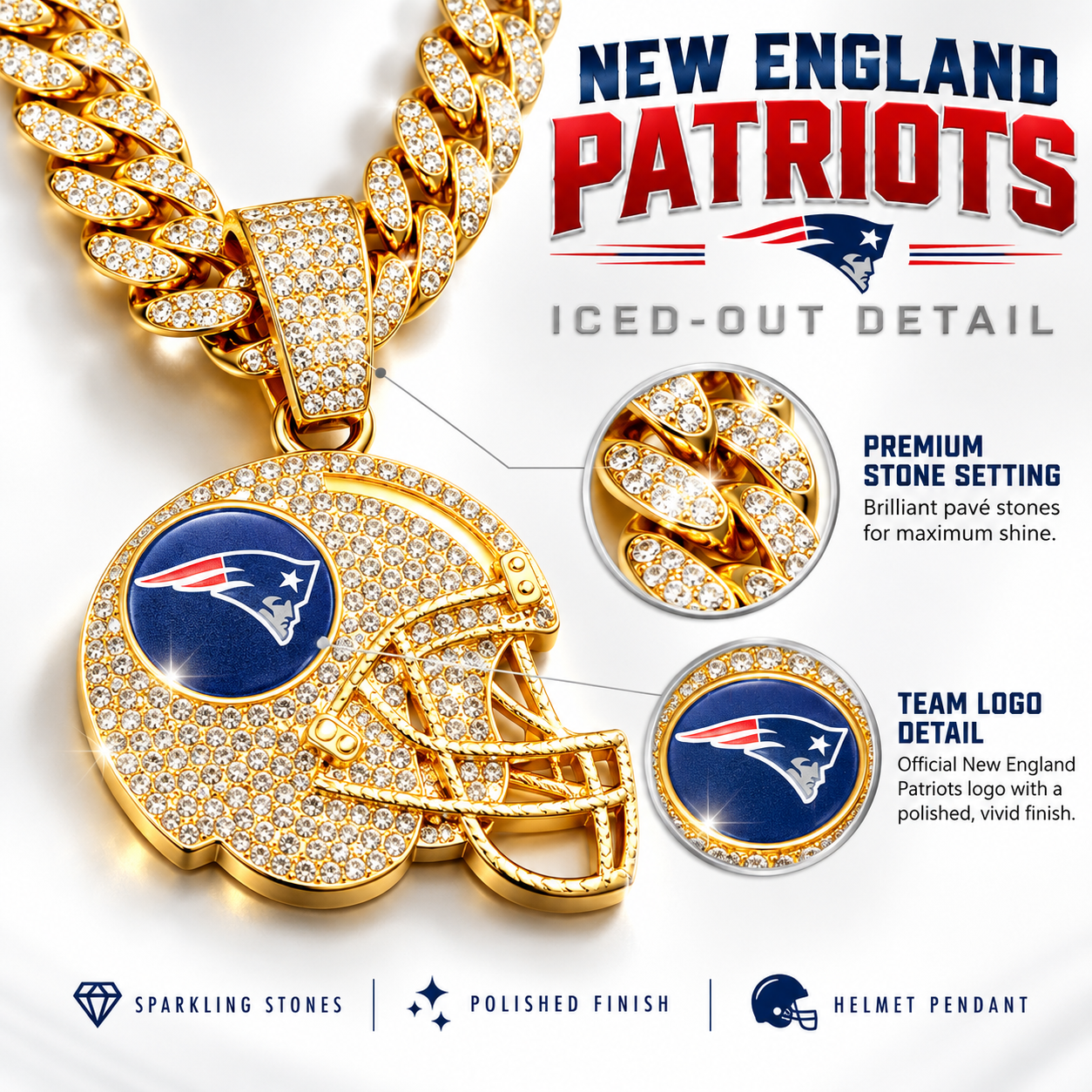 New England Patriots Necklace, Gold Iced Cuban Link Chain with Rhinestone Football Helmet Pendant, Patriots Fan Jewelry