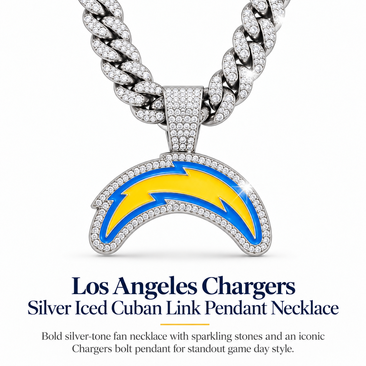 Los Angeles Chargers Necklace, Gold Iced Cuban Link Chain with Rhinestone Lightning Bolt Pendant, Football Fan Jewelry