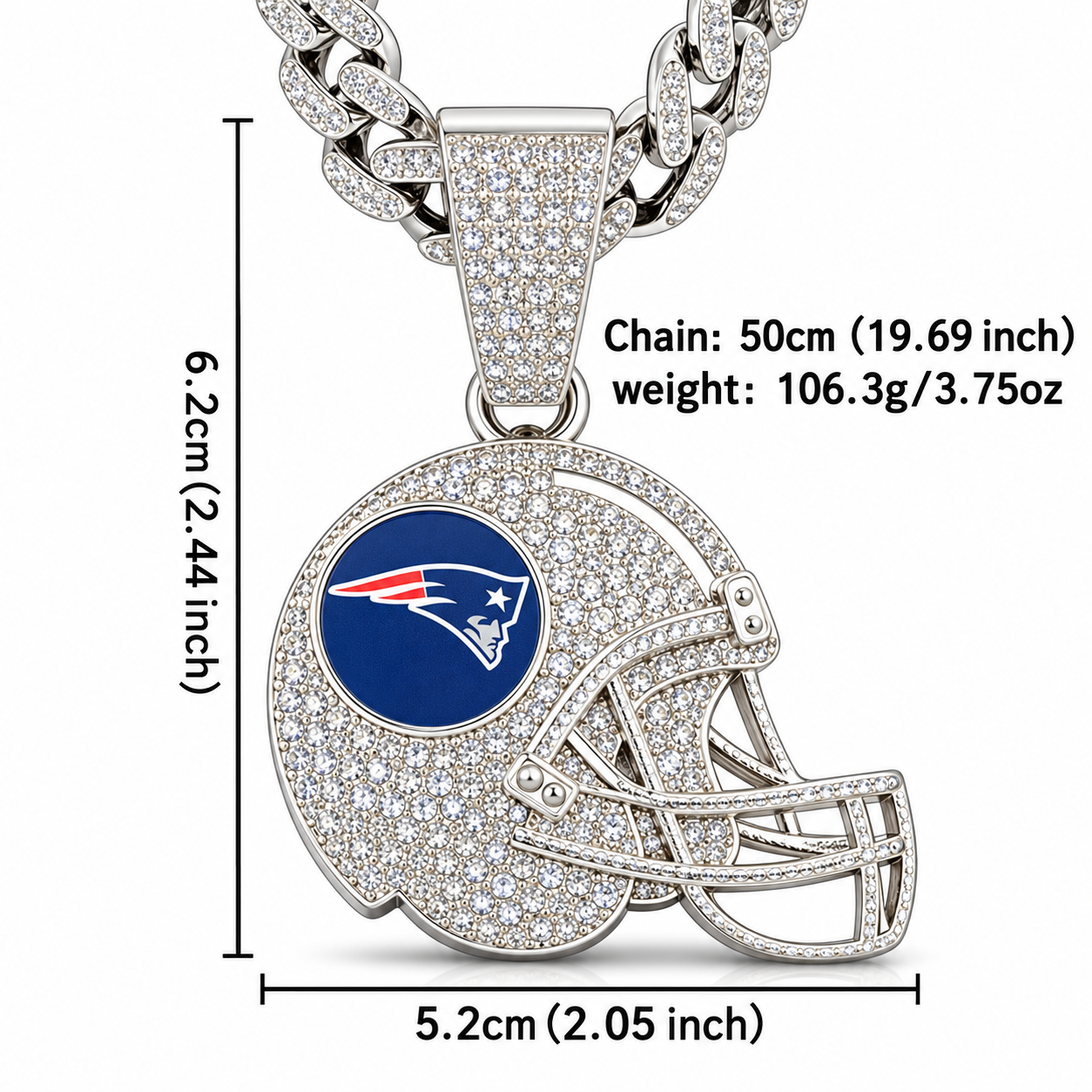 New England Patriots Necklace, Gold Iced Cuban Link Chain with Rhinestone Football Helmet Pendant, Patriots Fan Jewelry