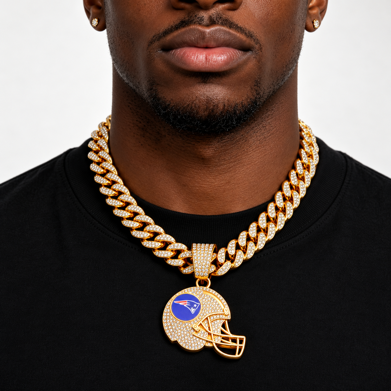 New England Patriots Necklace, Gold Iced Cuban Link Chain with Rhinestone Football Helmet Pendant, Patriots Fan Jewelry