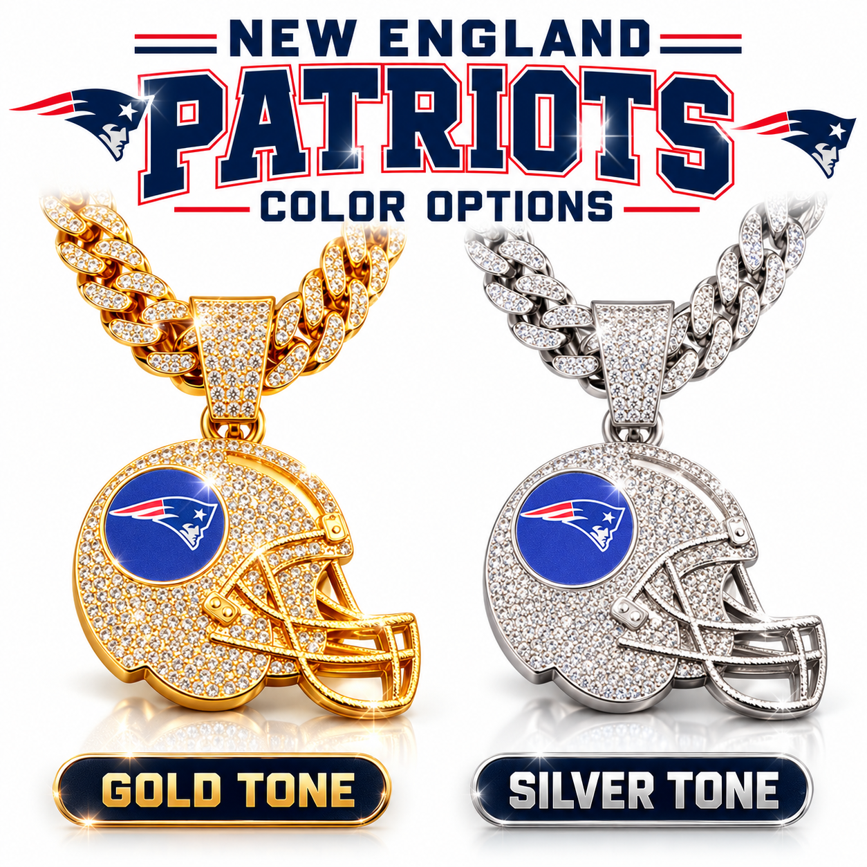 New England Patriots Necklace, Gold Iced Cuban Link Chain with Rhinestone Football Helmet Pendant, Patriots Fan Jewelry