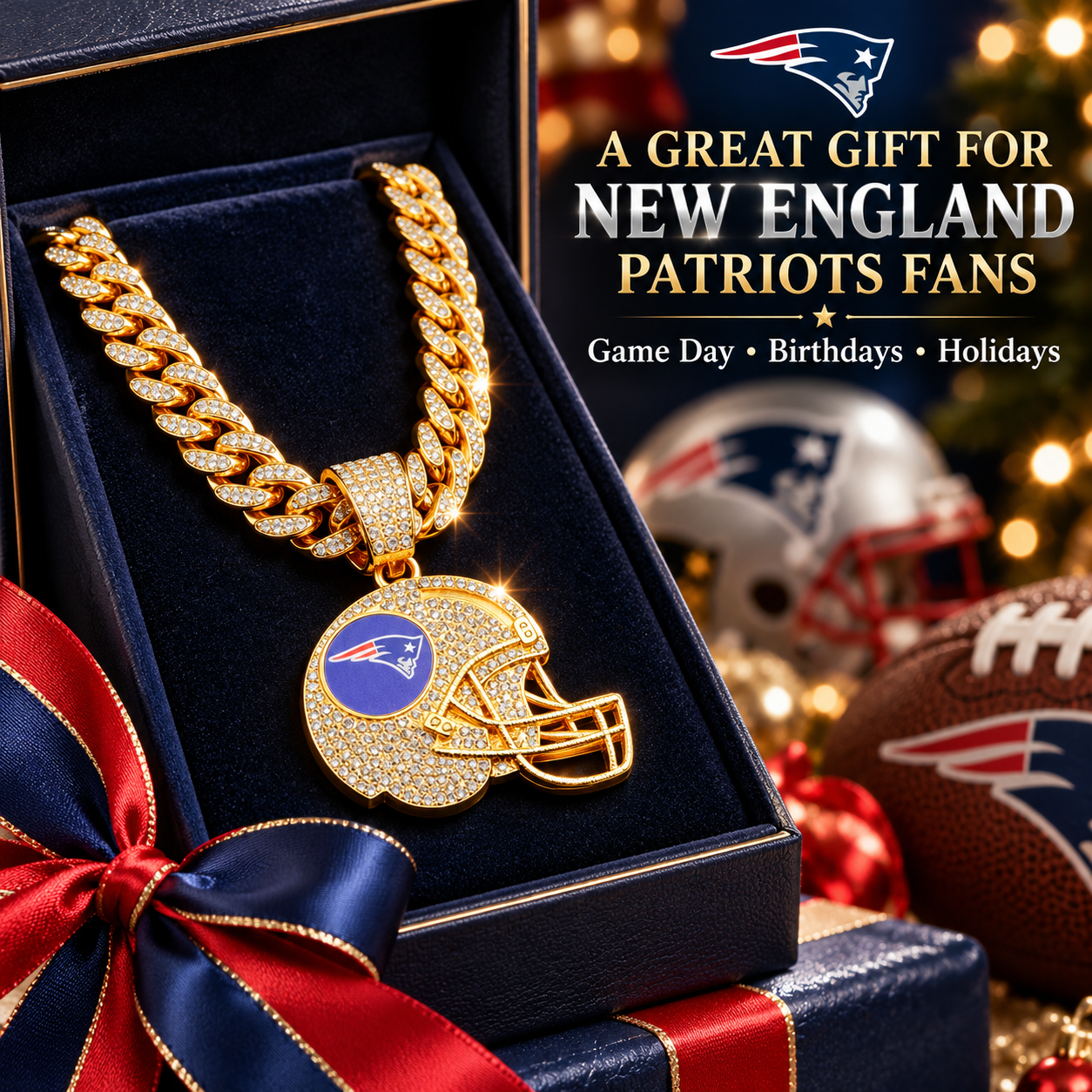 New England Patriots Necklace, Gold Iced Cuban Link Chain with Rhinestone Football Helmet Pendant, Patriots Fan Jewelry