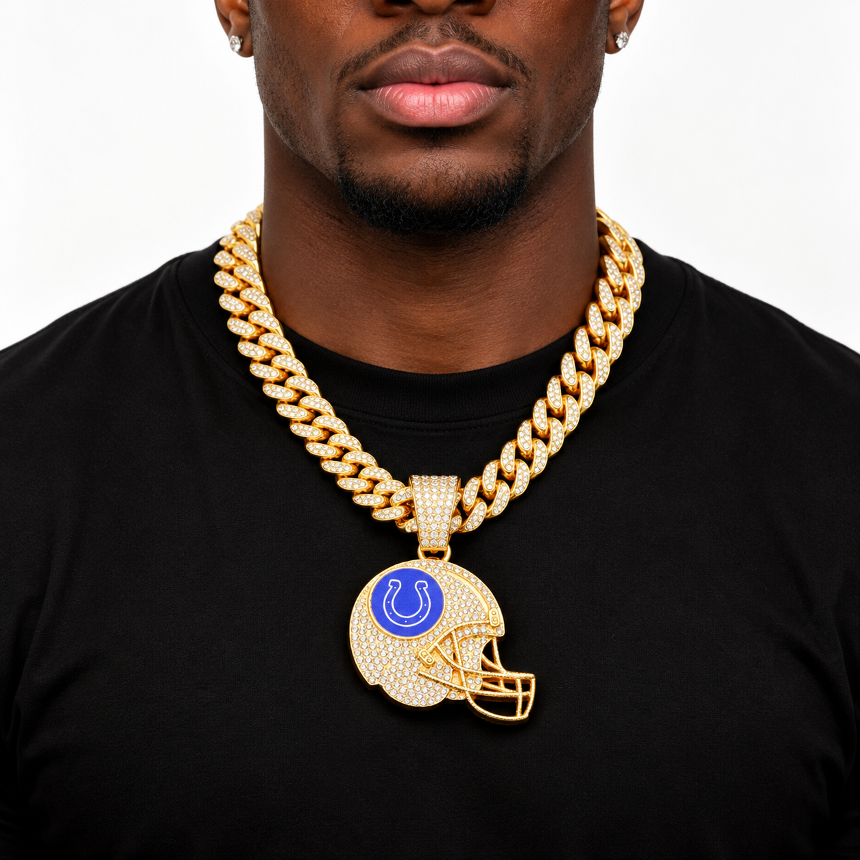 Indianapolis Colts Necklace, Gold Iced Cuban Link Chain with Rhinestone Football Helmet Pendant, Colts Fan Jewelry