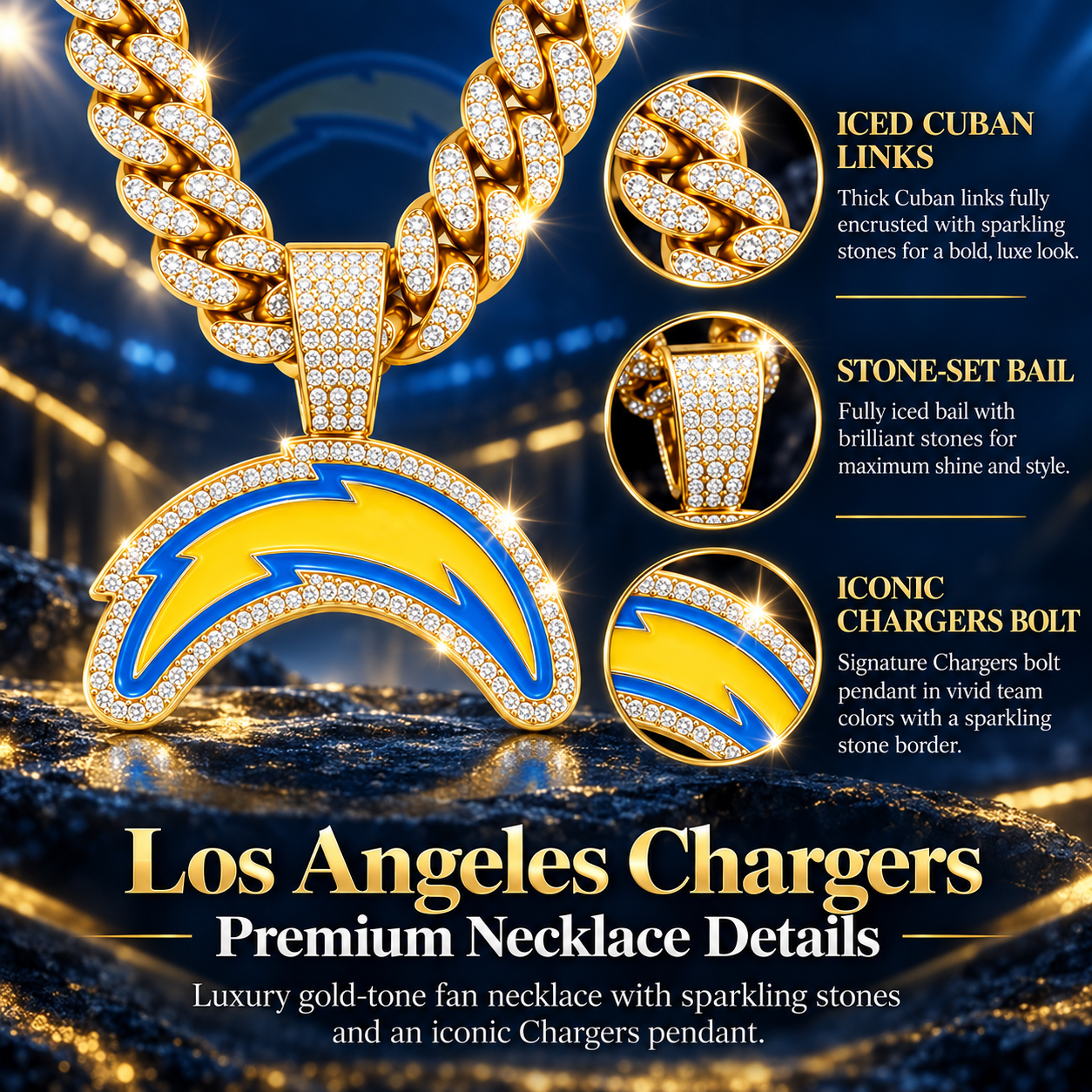 Los Angeles Chargers Necklace, Gold Iced Cuban Link Chain with Rhinestone Lightning Bolt Pendant, Football Fan Jewelry