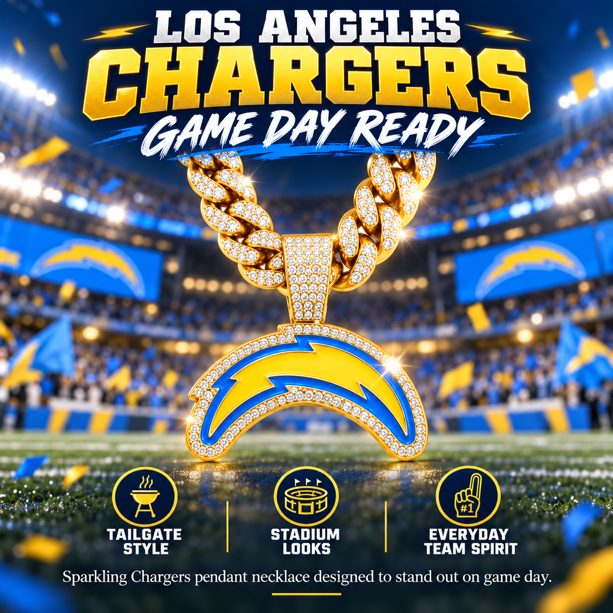 Los Angeles Chargers Necklace, Gold Iced Cuban Link Chain with Rhinestone Lightning Bolt Pendant, Football Fan Jewelry