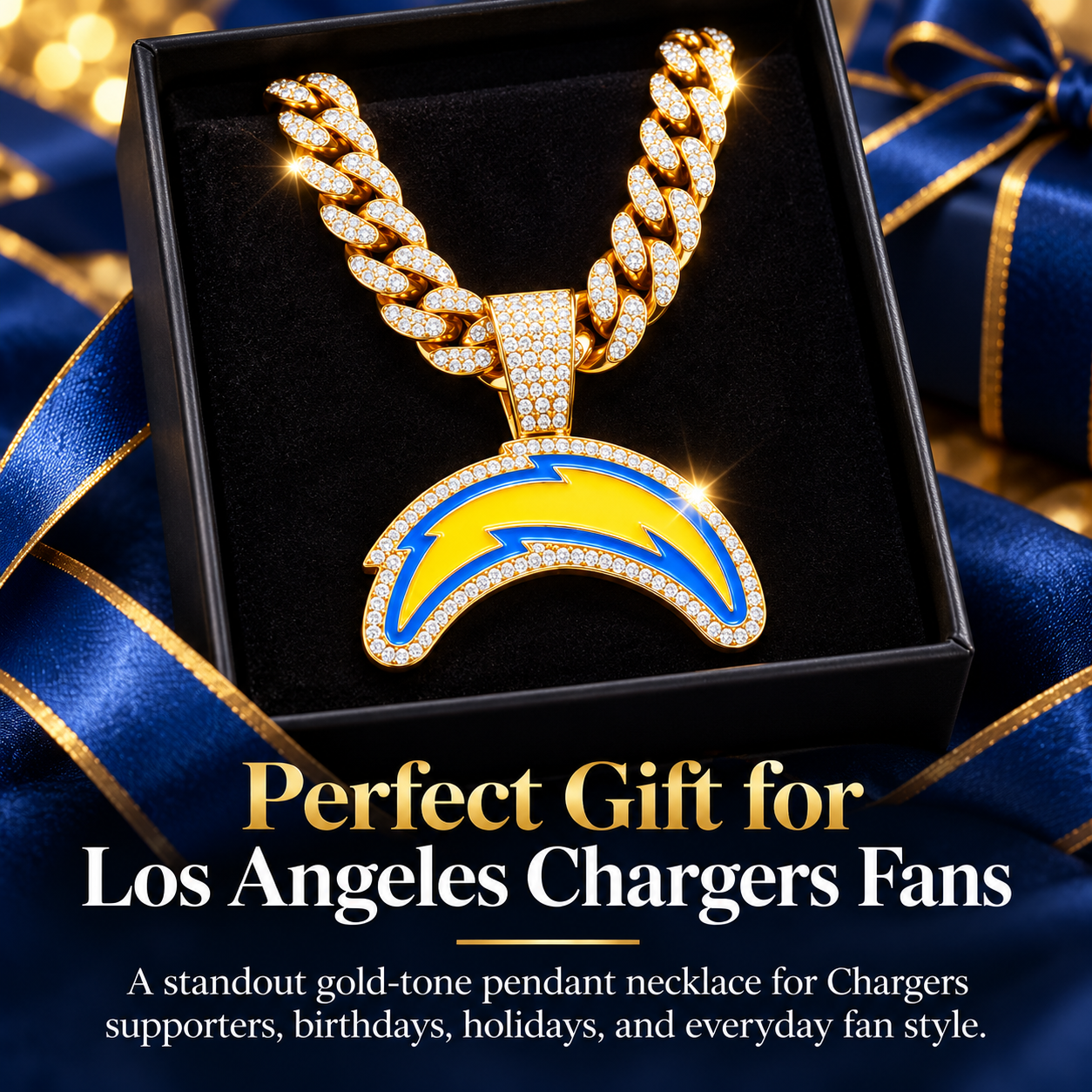 Los Angeles Chargers Necklace, Gold Iced Cuban Link Chain with Rhinestone Lightning Bolt Pendant, Football Fan Jewelry