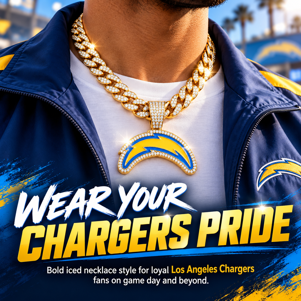 Los Angeles Chargers Necklace, Gold Iced Cuban Link Chain with Rhinestone Lightning Bolt Pendant, Football Fan Jewelry
