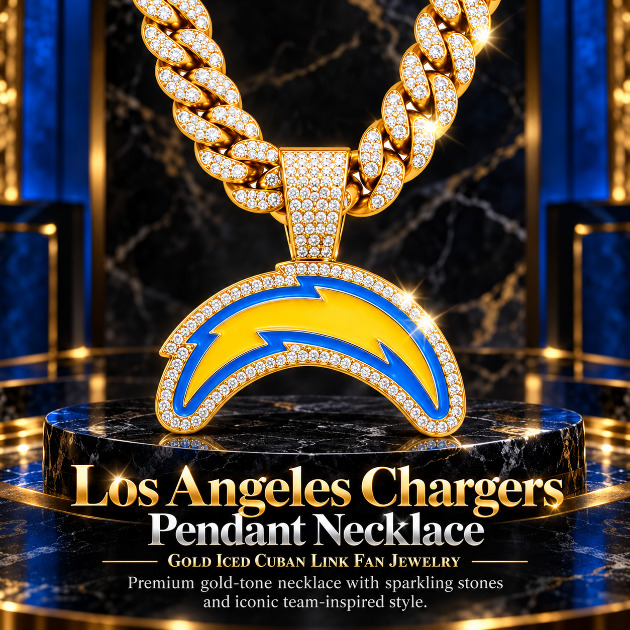 Los Angeles Chargers Necklace, Gold Iced Cuban Link Chain with Rhinestone Lightning Bolt Pendant, Football Fan Jewelry