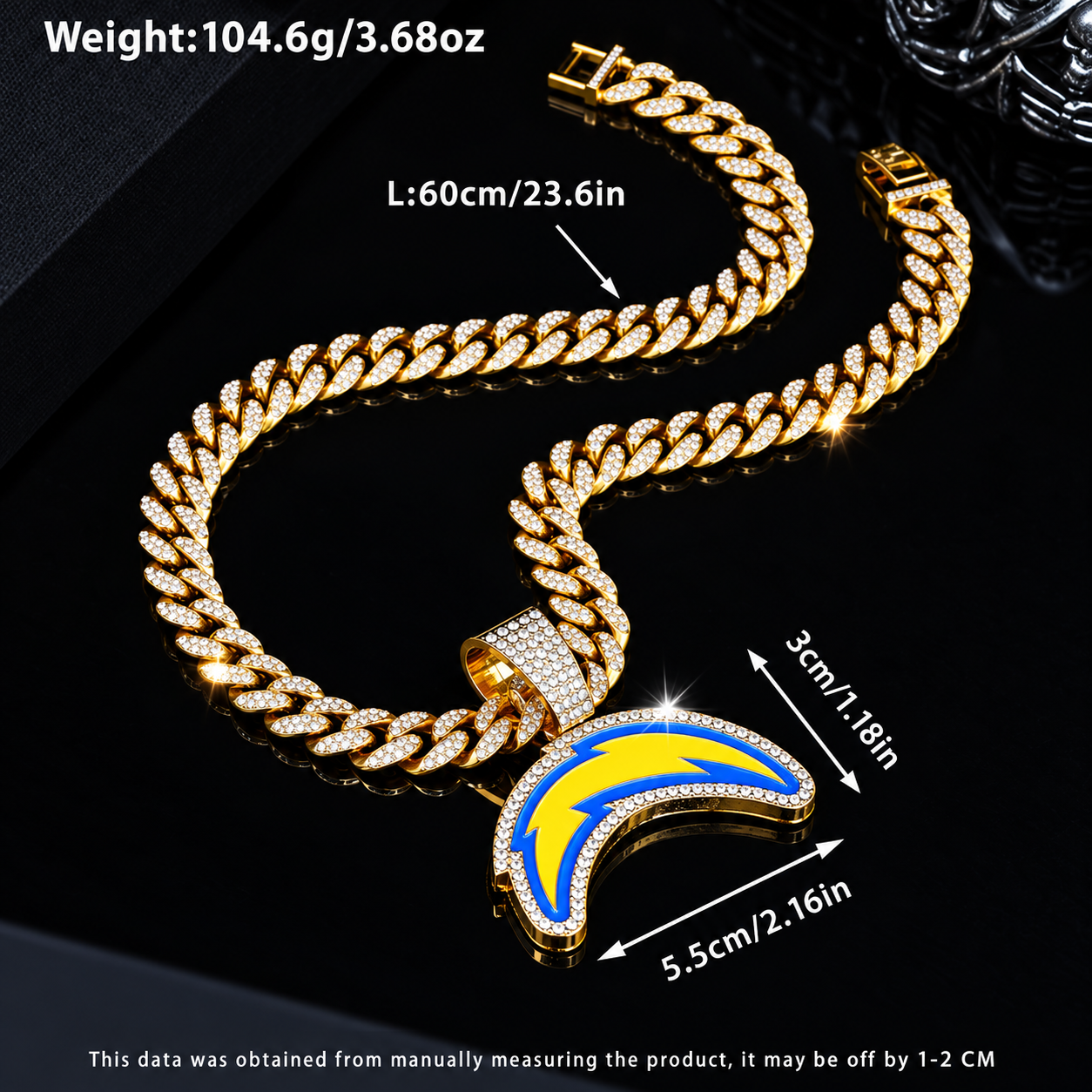 Los Angeles Chargers Necklace, Gold Iced Cuban Link Chain with Rhinestone Lightning Bolt Pendant, Football Fan Jewelry
