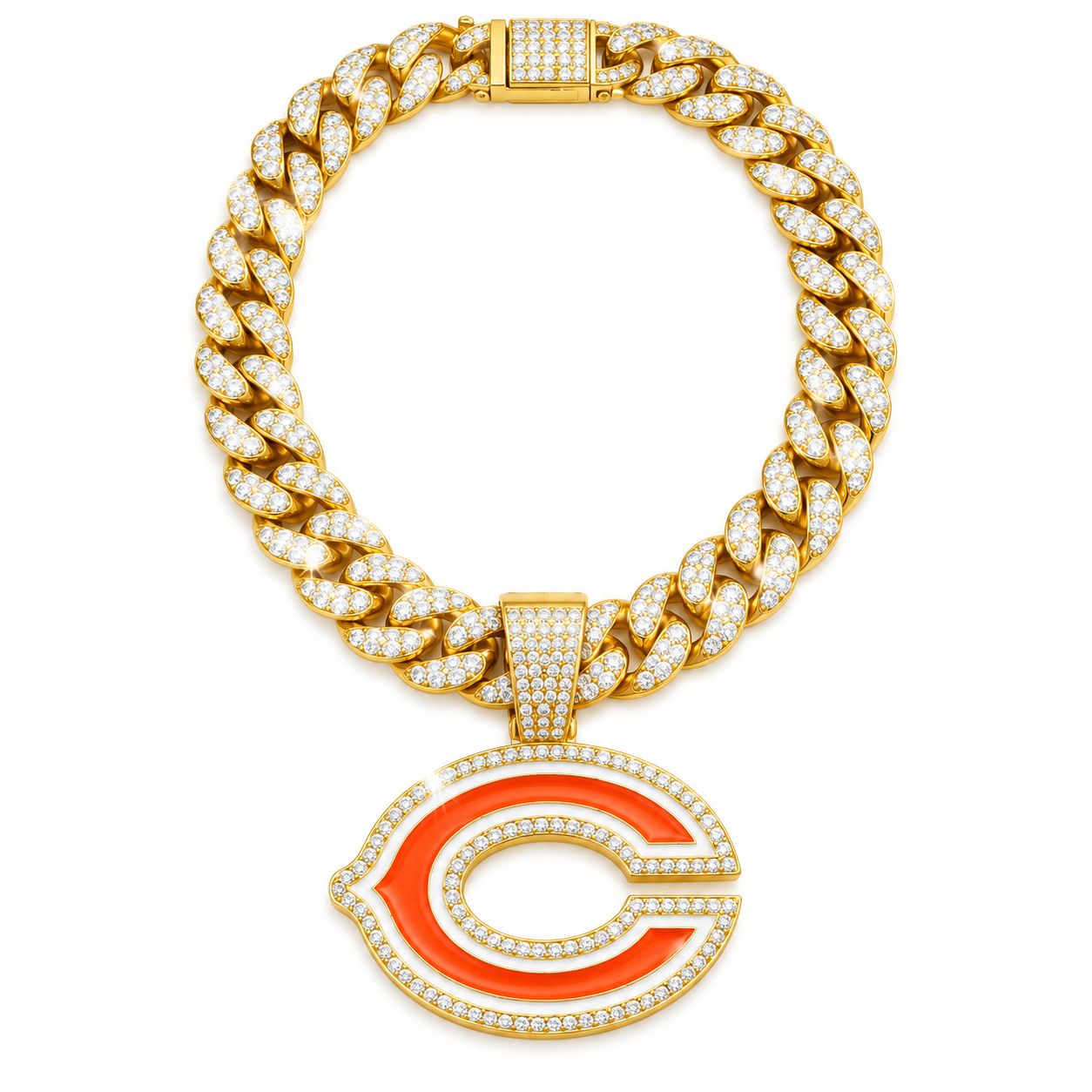 Chicago Bears Necklace, Gold Iced Cuban Link Chain with Rhinestone C Pendant, Football Fan Jewelry