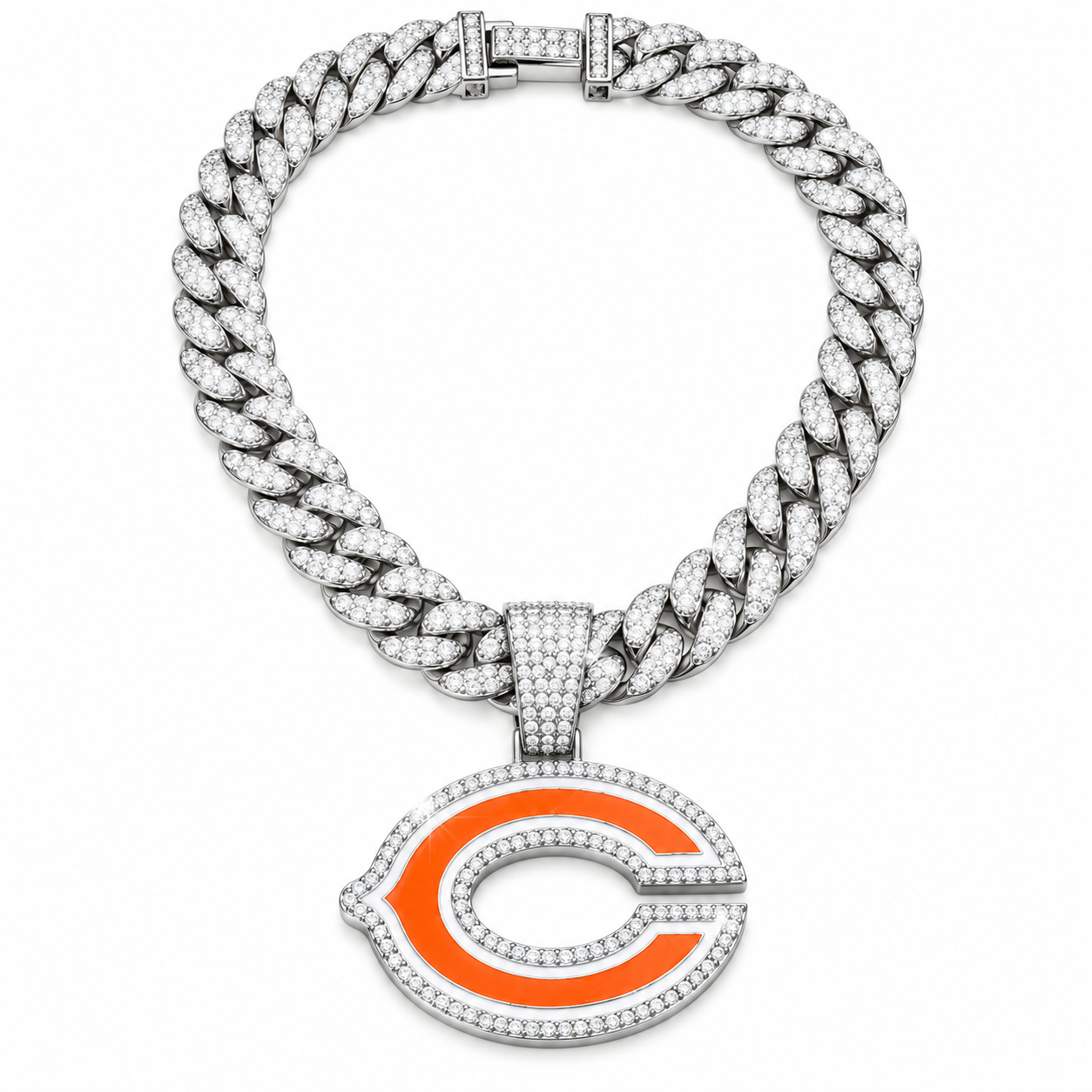 Chicago Bears Necklace, Gold Iced Cuban Link Chain with Rhinestone C Pendant, Football Fan Jewelry