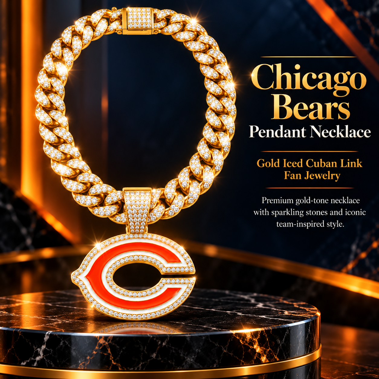 Chicago Bears Necklace, Gold Iced Cuban Link Chain with Rhinestone C Pendant, Football Fan Jewelry