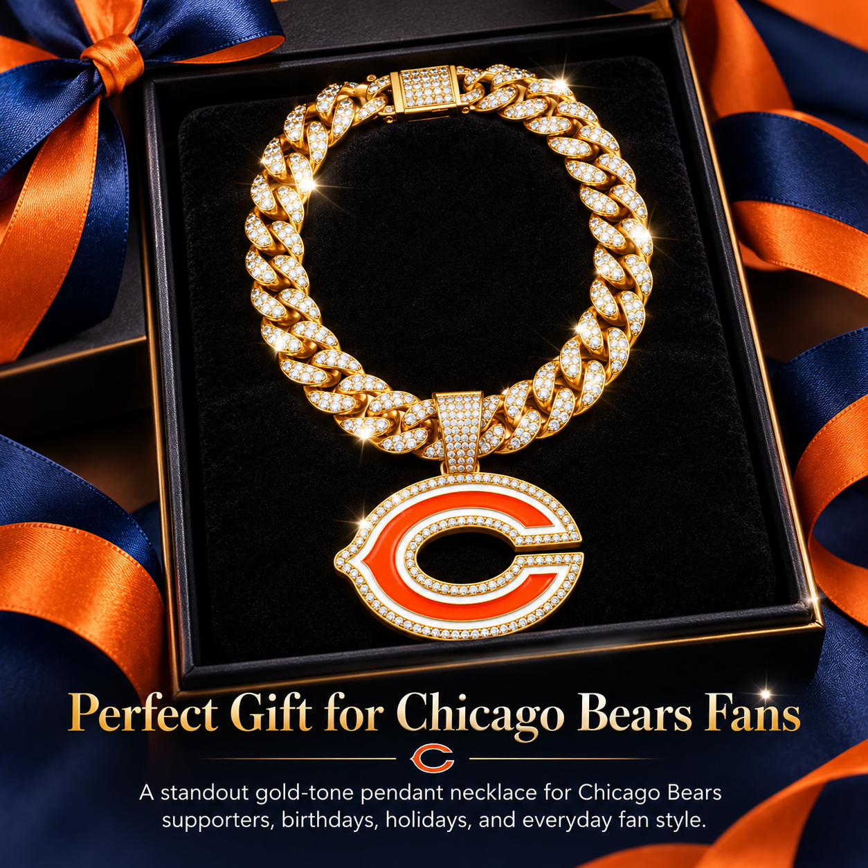 Chicago Bears Necklace, Gold Iced Cuban Link Chain with Rhinestone C Pendant, Football Fan Jewelry