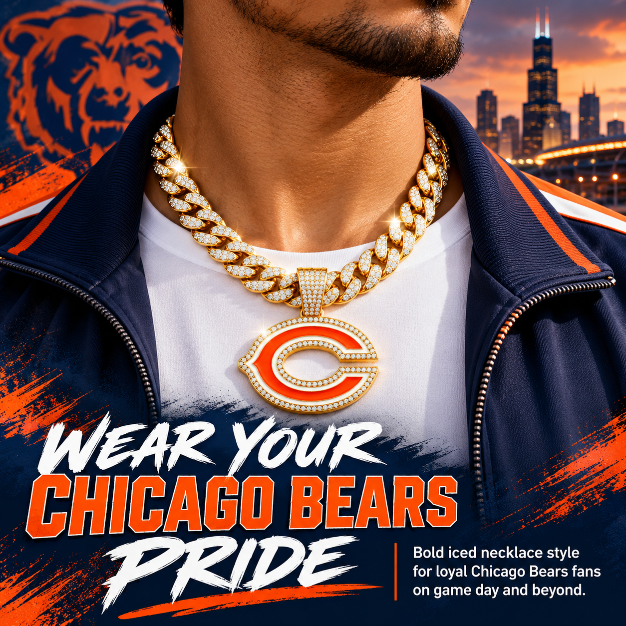 Chicago Bears Necklace, Gold Iced Cuban Link Chain with Rhinestone C Pendant, Football Fan Jewelry