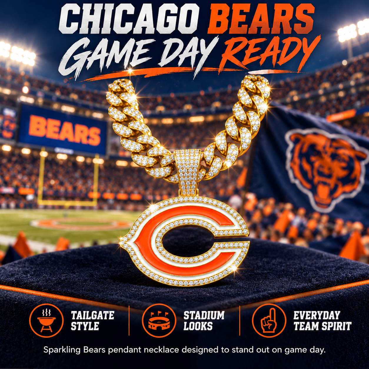 Chicago Bears Necklace, Gold Iced Cuban Link Chain with Rhinestone C Pendant, Football Fan Jewelry