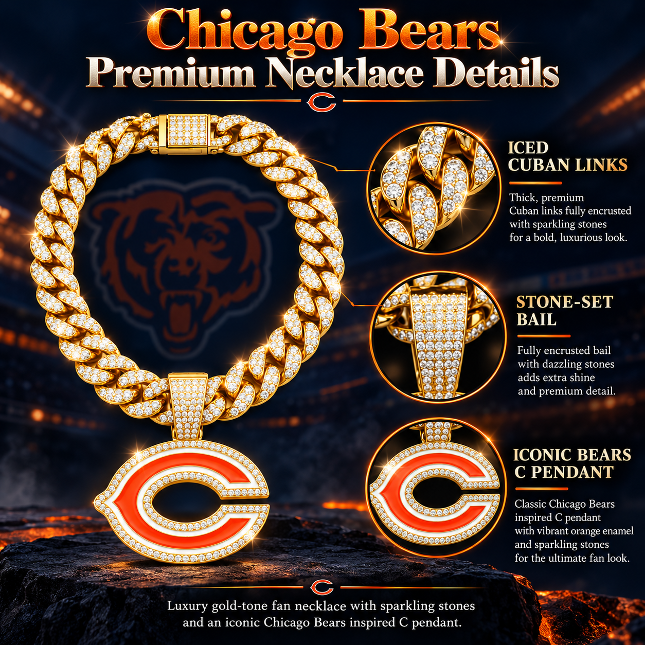 Chicago Bears Necklace, Gold Iced Cuban Link Chain with Rhinestone C Pendant, Football Fan Jewelry