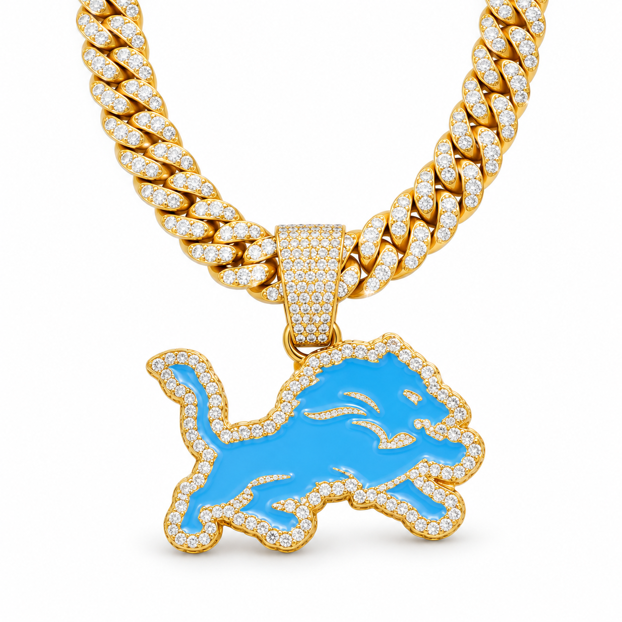 Detroit Lions Necklace, Gold Iced Cuban Link Chain with Blue Rhinestone Lion Pendant, Football Fan Jewelry