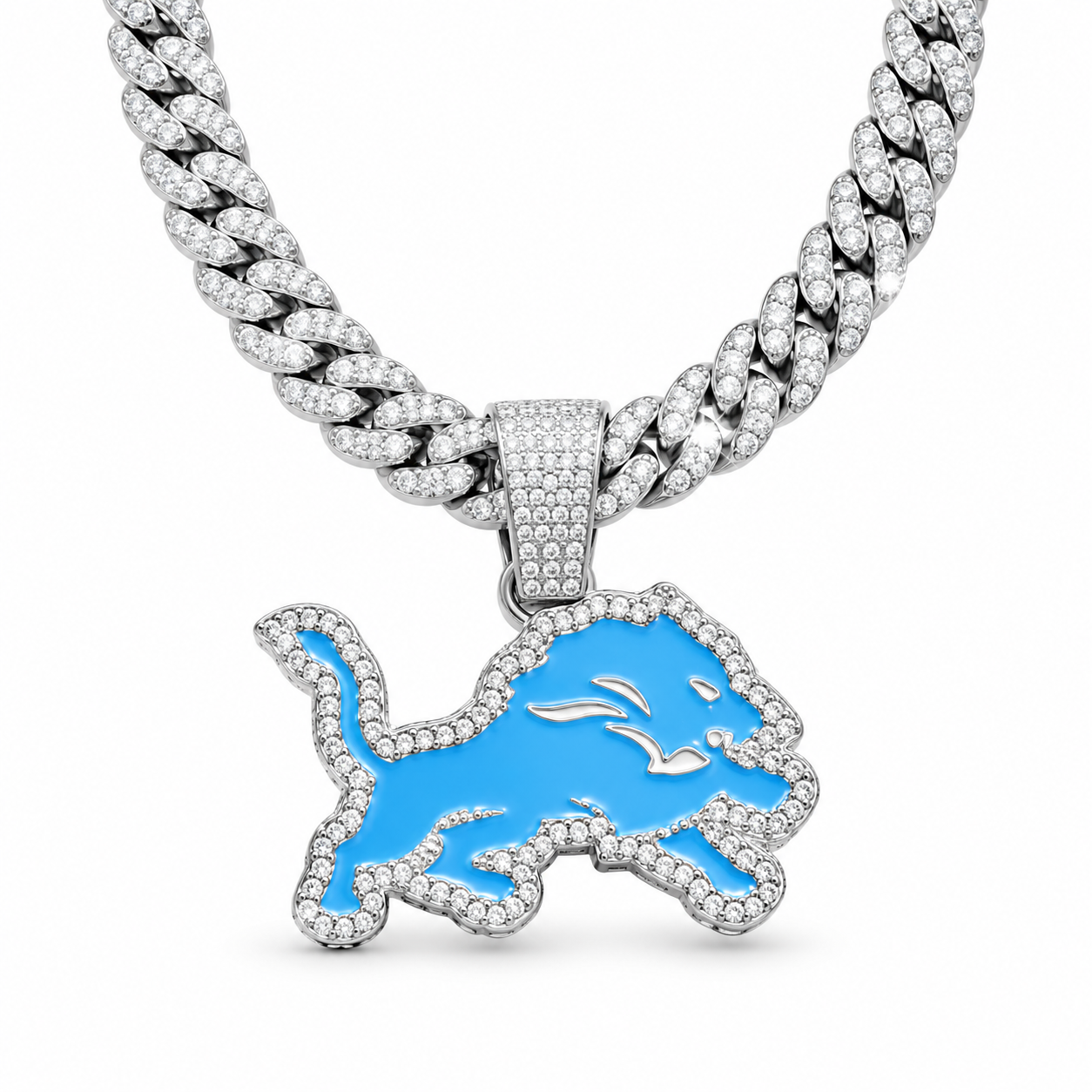 Detroit Lions Necklace, Gold Iced Cuban Link Chain with Blue Rhinestone Lion Pendant, Football Fan Jewelry