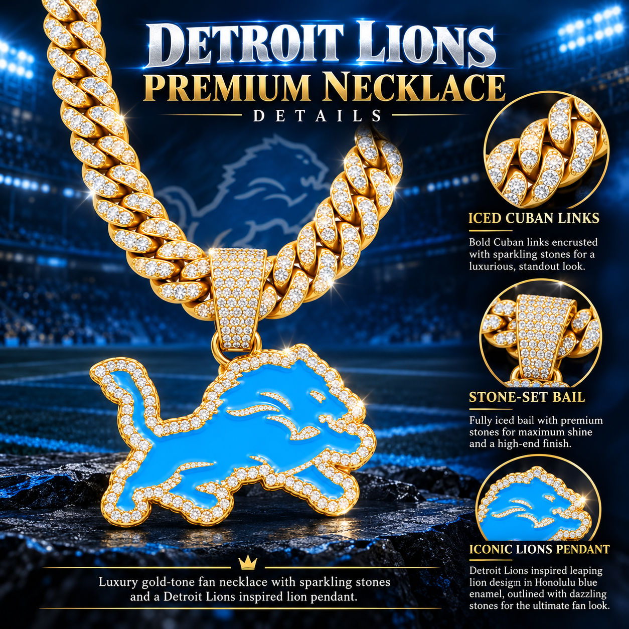 Detroit Lions Necklace, Gold Iced Cuban Link Chain with Blue Rhinestone Lion Pendant, Football Fan Jewelry